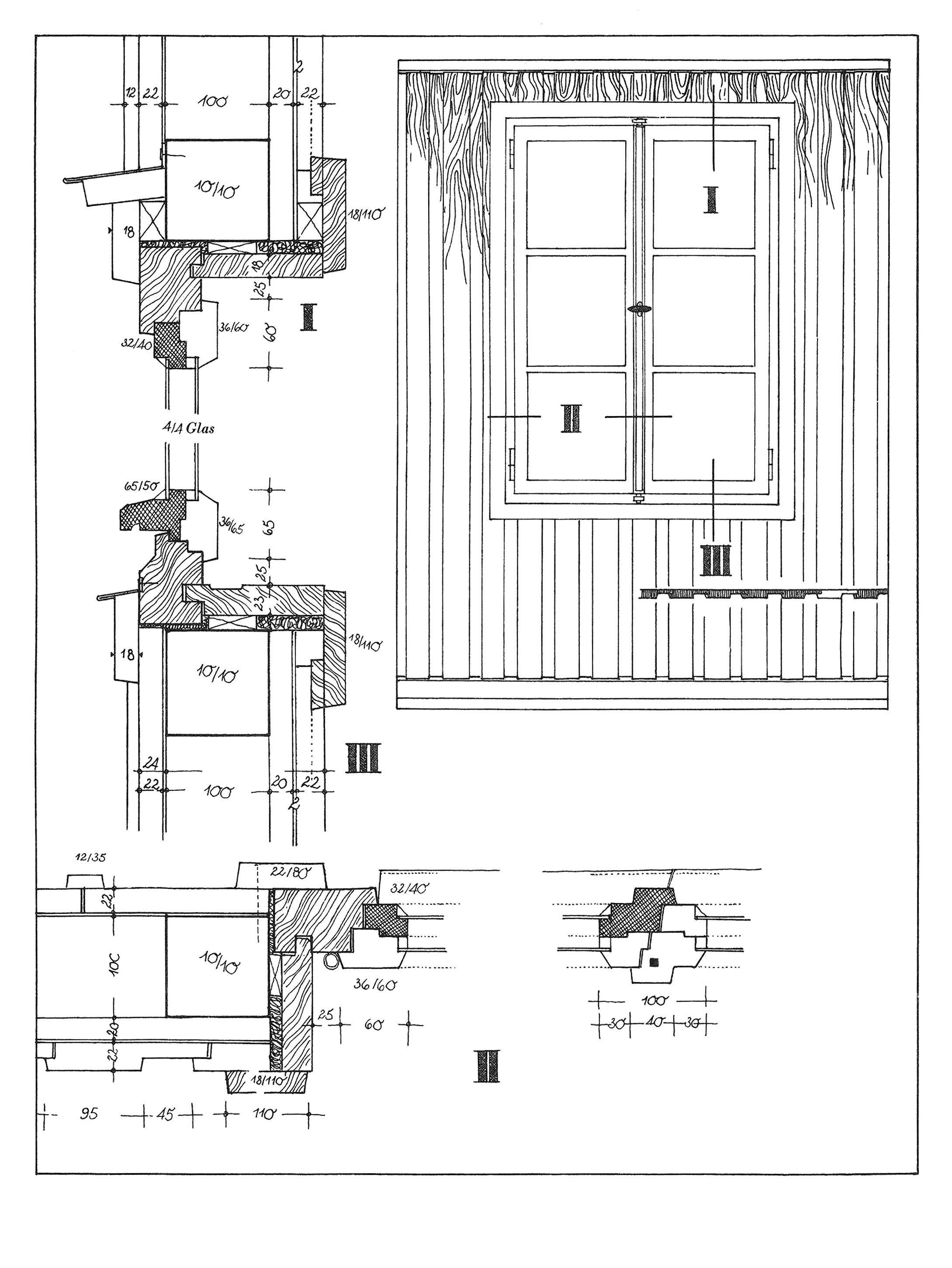 Zweiflügeliges, nach innen schlagendes Rahmendoppelfenster. Die Wand ist ganz mit breit gefälzter Schalung verkleidet. Ansicht M 1:20 und Einzelschnitte M 1:5
