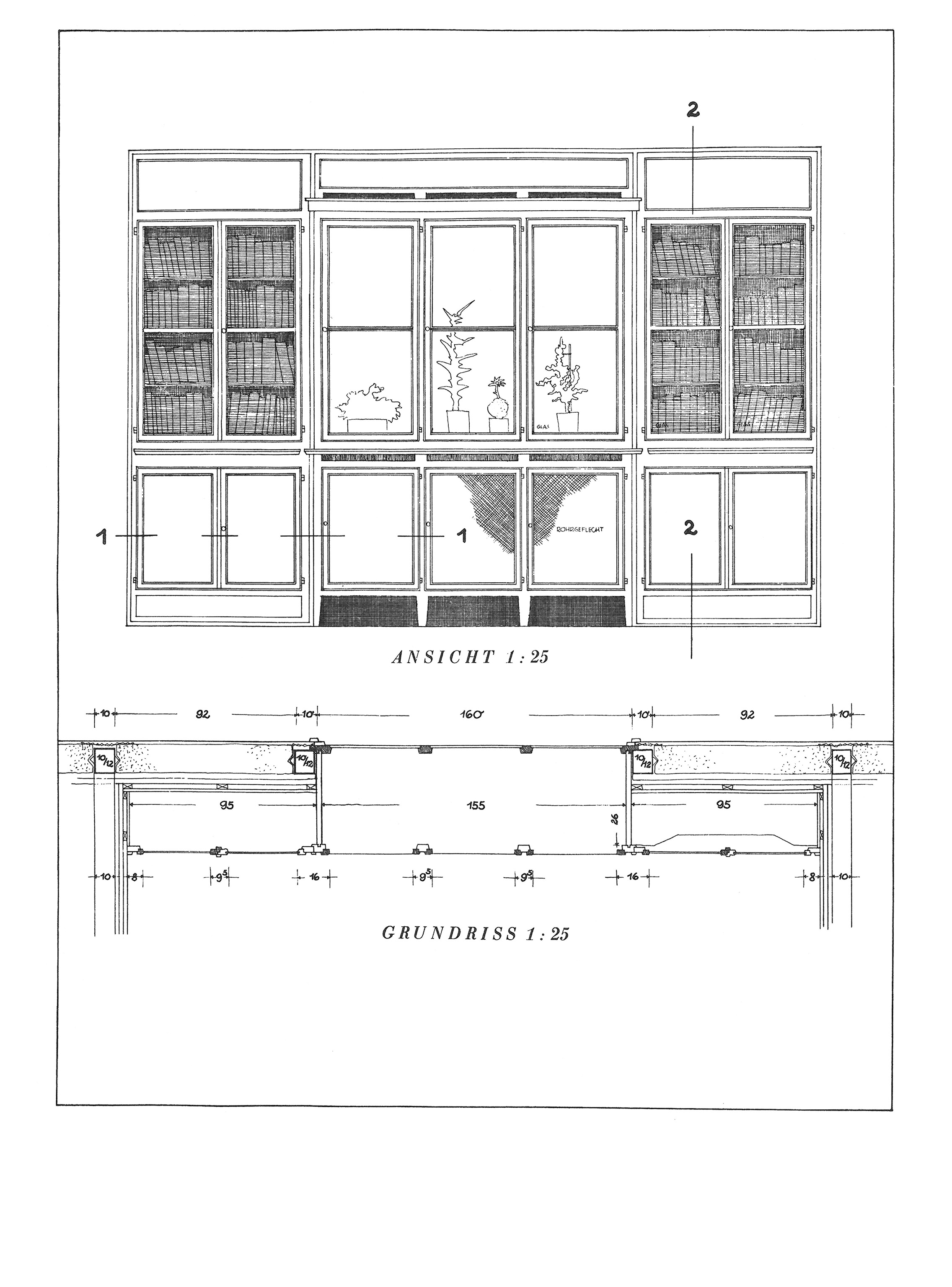 Blumenfenster mit eingebauter Schrankwand aus einem Wohnhaus, Holz gestrichen, Innenansicht. Architekt Hans Stolper
