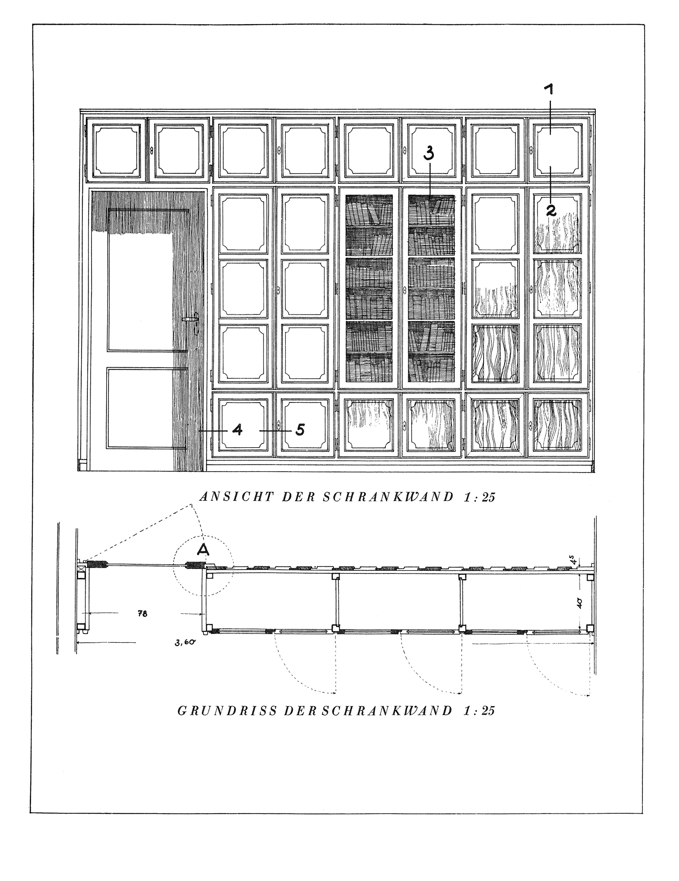 Eingebaute Schrankwand in einem Wohnraum. Ausgeführt in massivem Forchenholz. Architekt Erich Wiemken