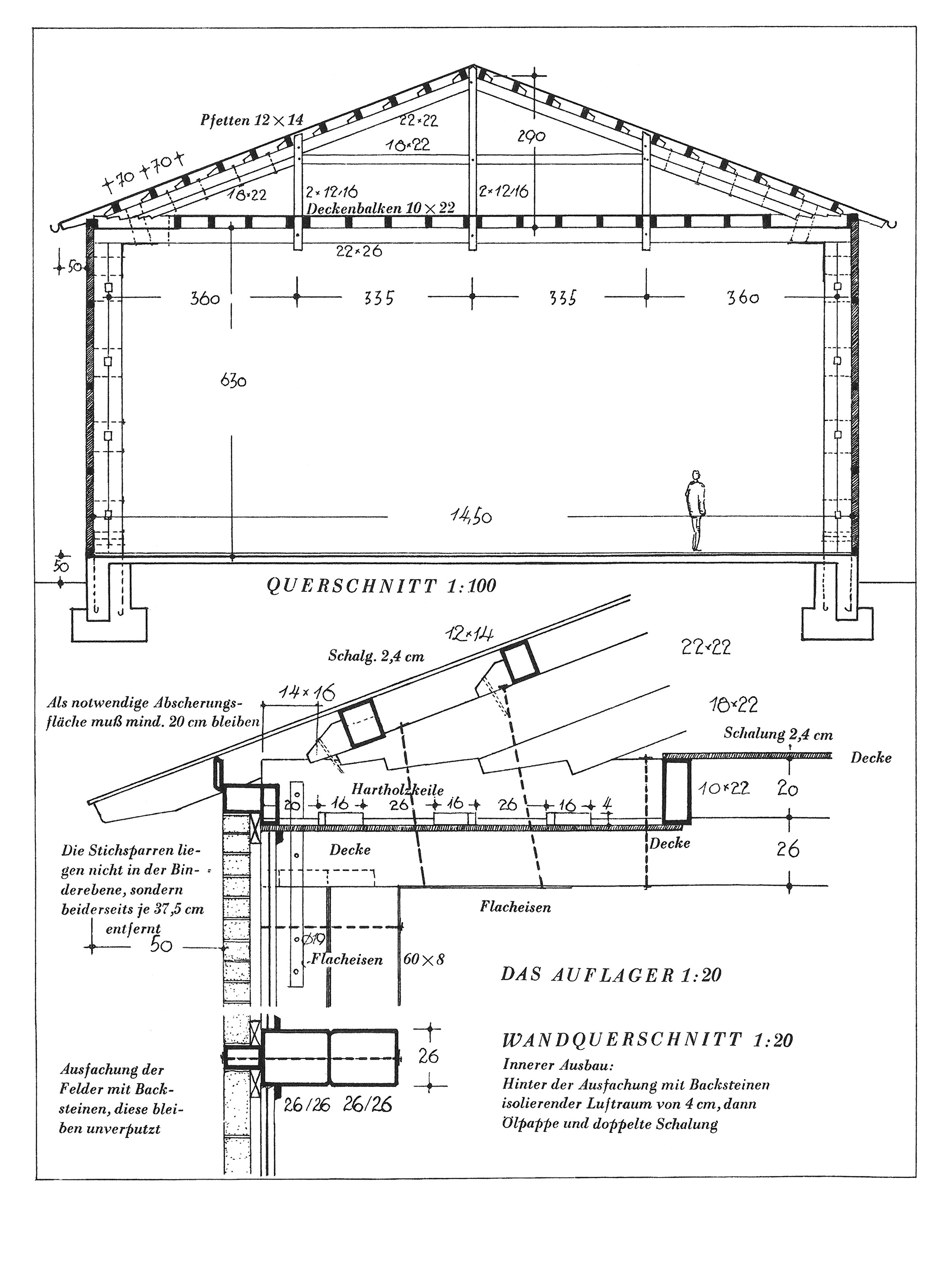 Zimmermannsmäßig abgebundenes dreisäuliges Hängewerk. Dach mit Blech eingedeckt. Gesimsschnitt