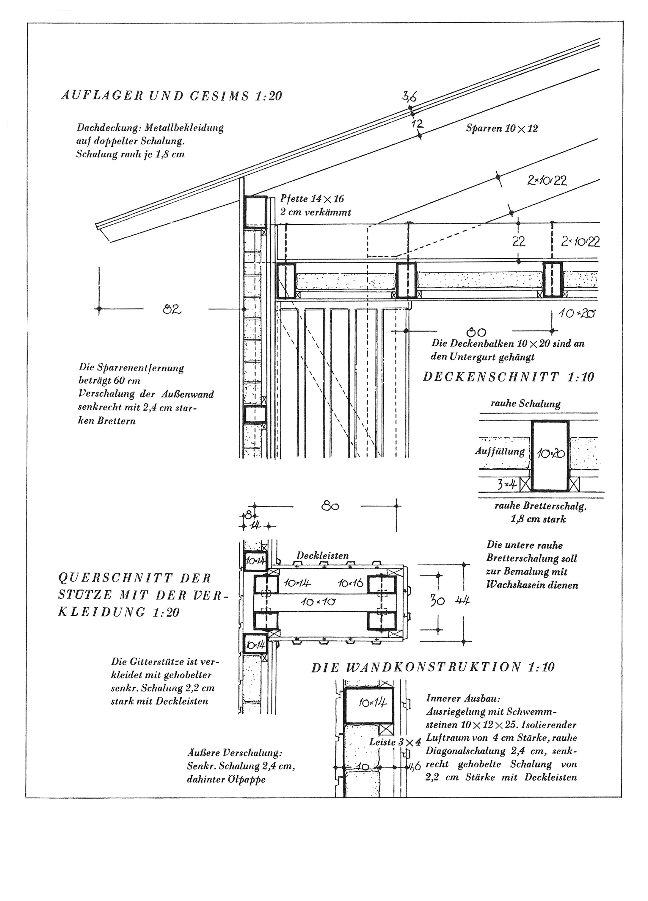 Auflagerknotenpunkt und Wandschnitte des Fachwerkbinders