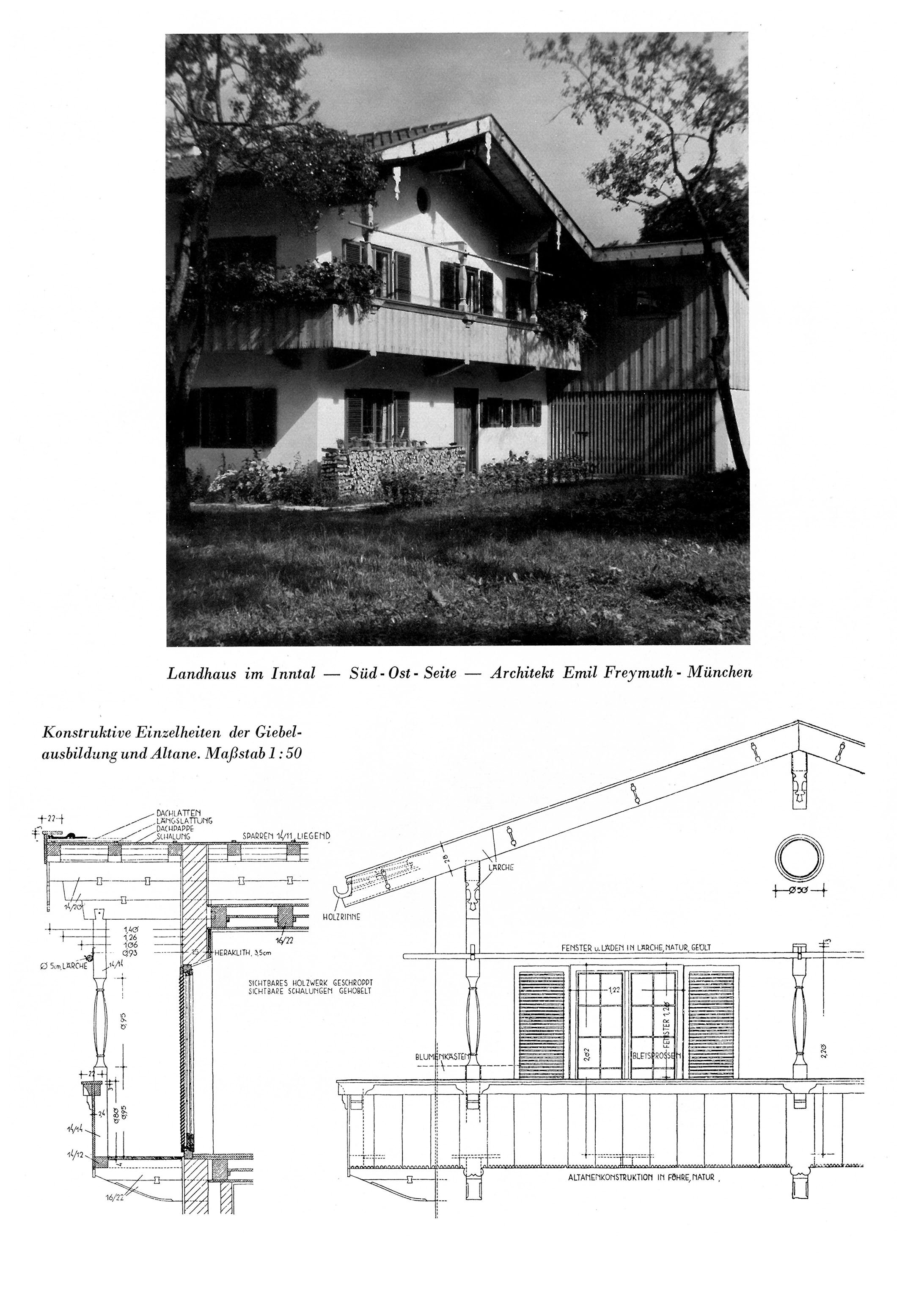 Landhaus im Inntal - Süd-Ost-Seite - Architekt Emil Freymuth - München // Konstruktive Einzelheiten der Giebelausbildung und Altane. Maßstab 1:50