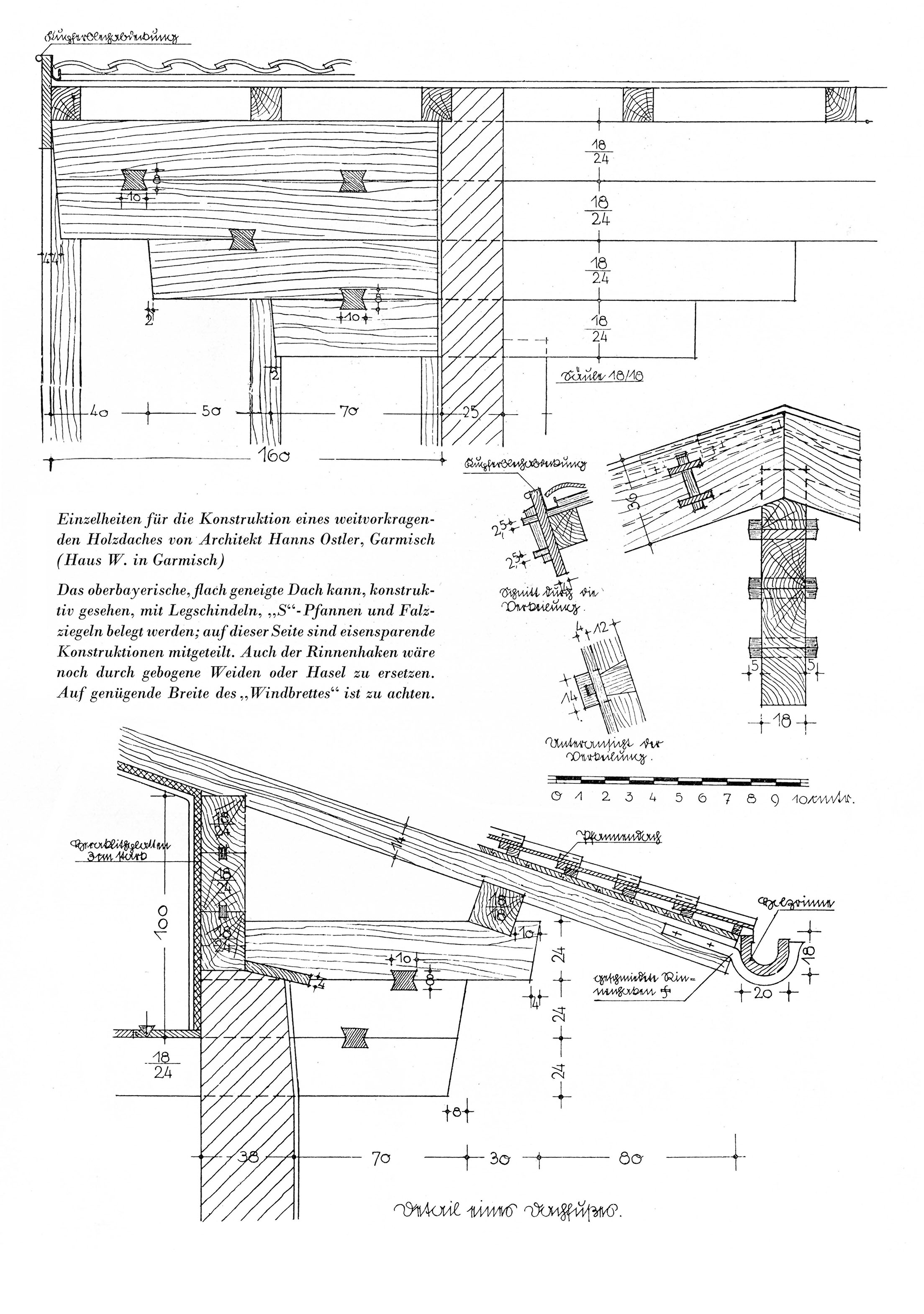 Einzelheiten für die Konstruktion eines weitvorkragenden Holzdaches von Architekt Hanns Ostler, Garmisch (Haus W. in Garmisch)