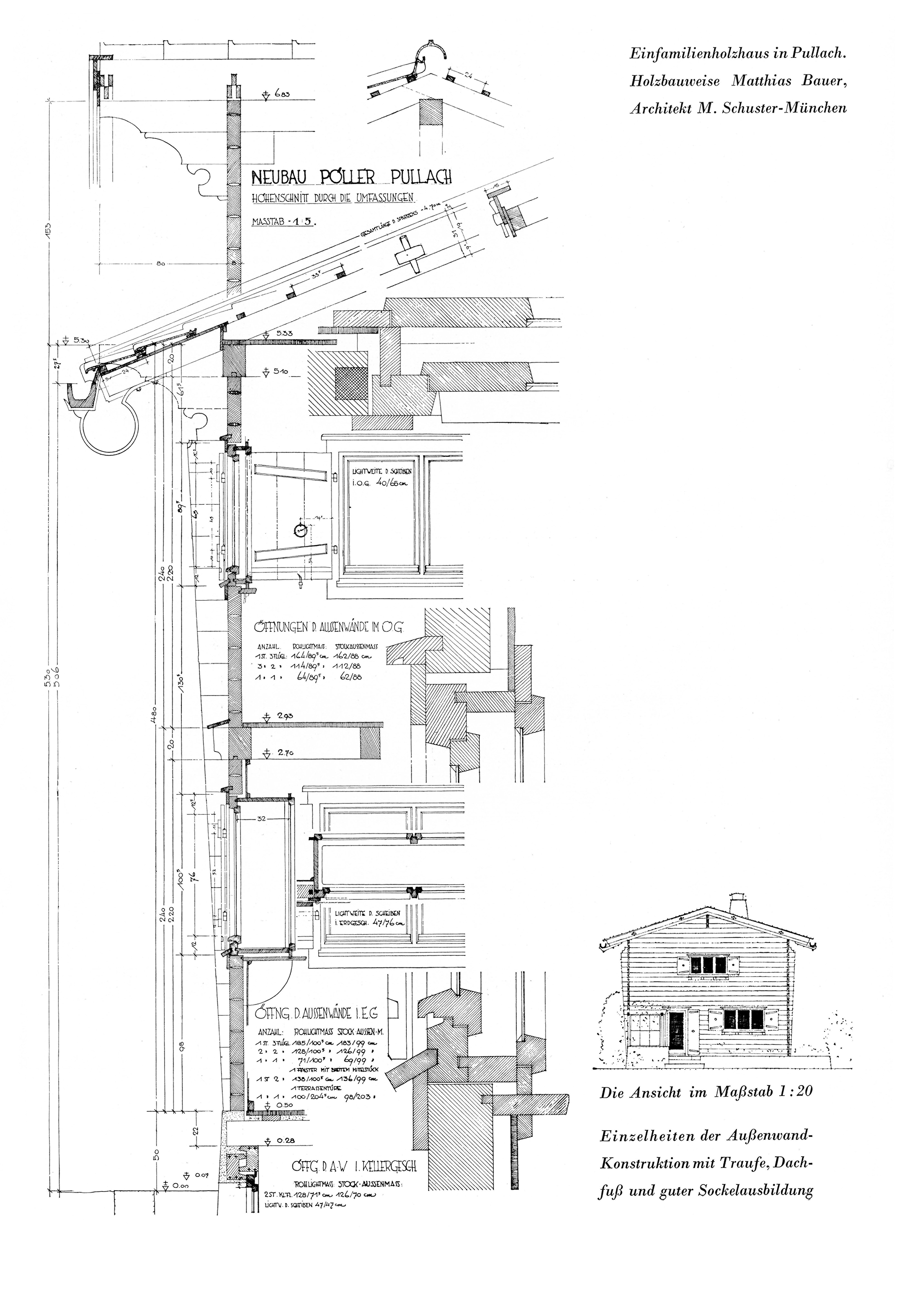 Holzhaus in Pullach. Bauweise Matthias Bauer, Isartal. Arch. Max Schuster – München // Einzelheiten der Außenwand-Konstruktion mit Traufe, Dachfuß und guter Sockelausbildung
