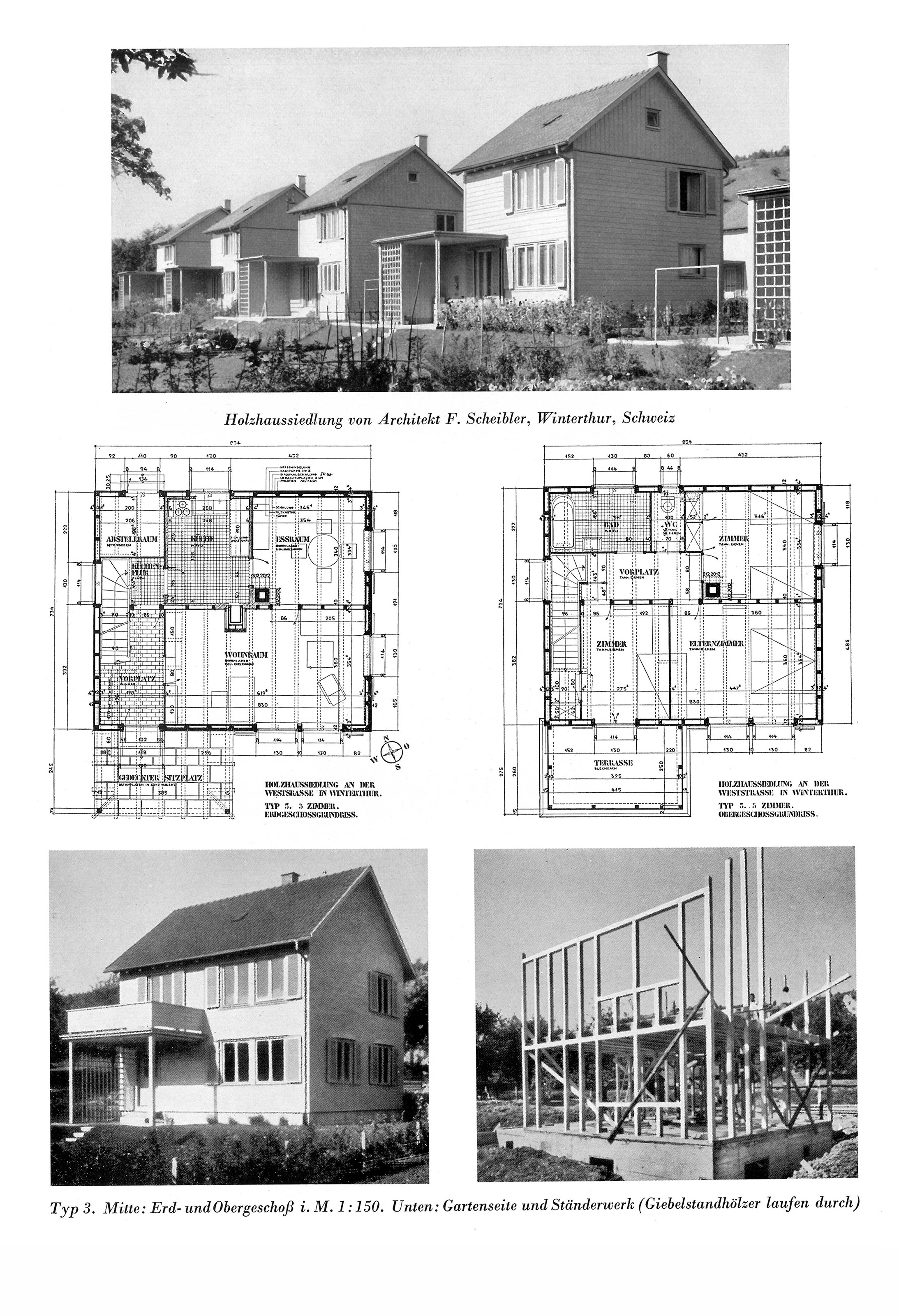 Typ 3. Mitte: Erd- und Obergeschoß i. M. 1:150. Unten: Gartenseite und Ständerwerk (Giebelstandhölzer laufen durch)