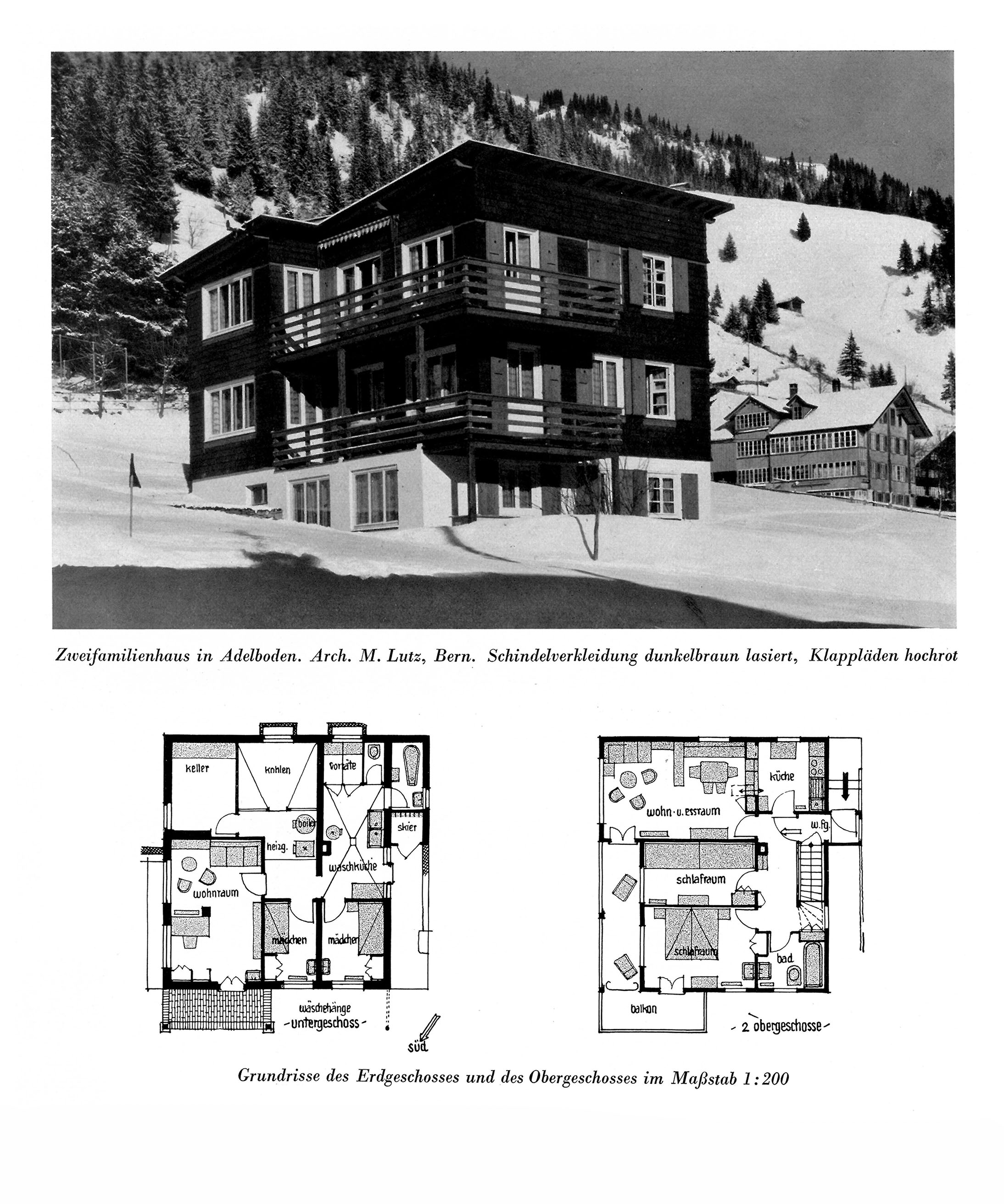 Zweifamilienhaus in Adelboden. Arch. M. Lutz, Bern. Schindelverkleidung dunkelbraun lasiert, Klappläden hochrot // Grundrisse des Erdgeschosses und des Obergeschosses im Maßstab 1:200