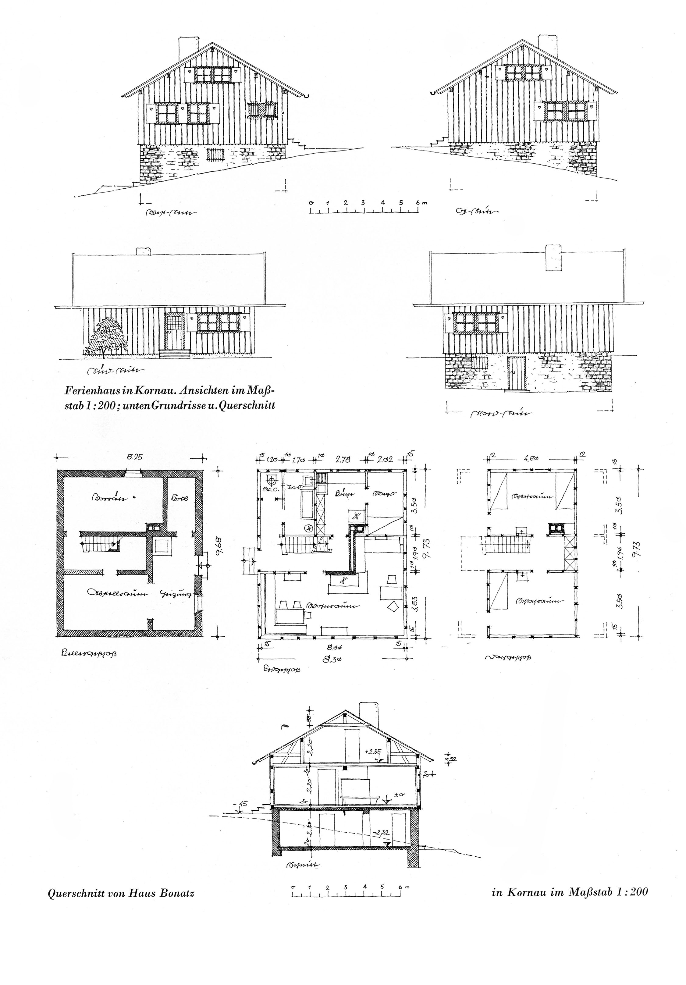 Ferienhaus in Kornau. Ansichten im Maßstab 1:200; unten Grundrisse u. Querschnitt // Querschnitt von Haus Bonatz in Kornau im Maßstab 1:200