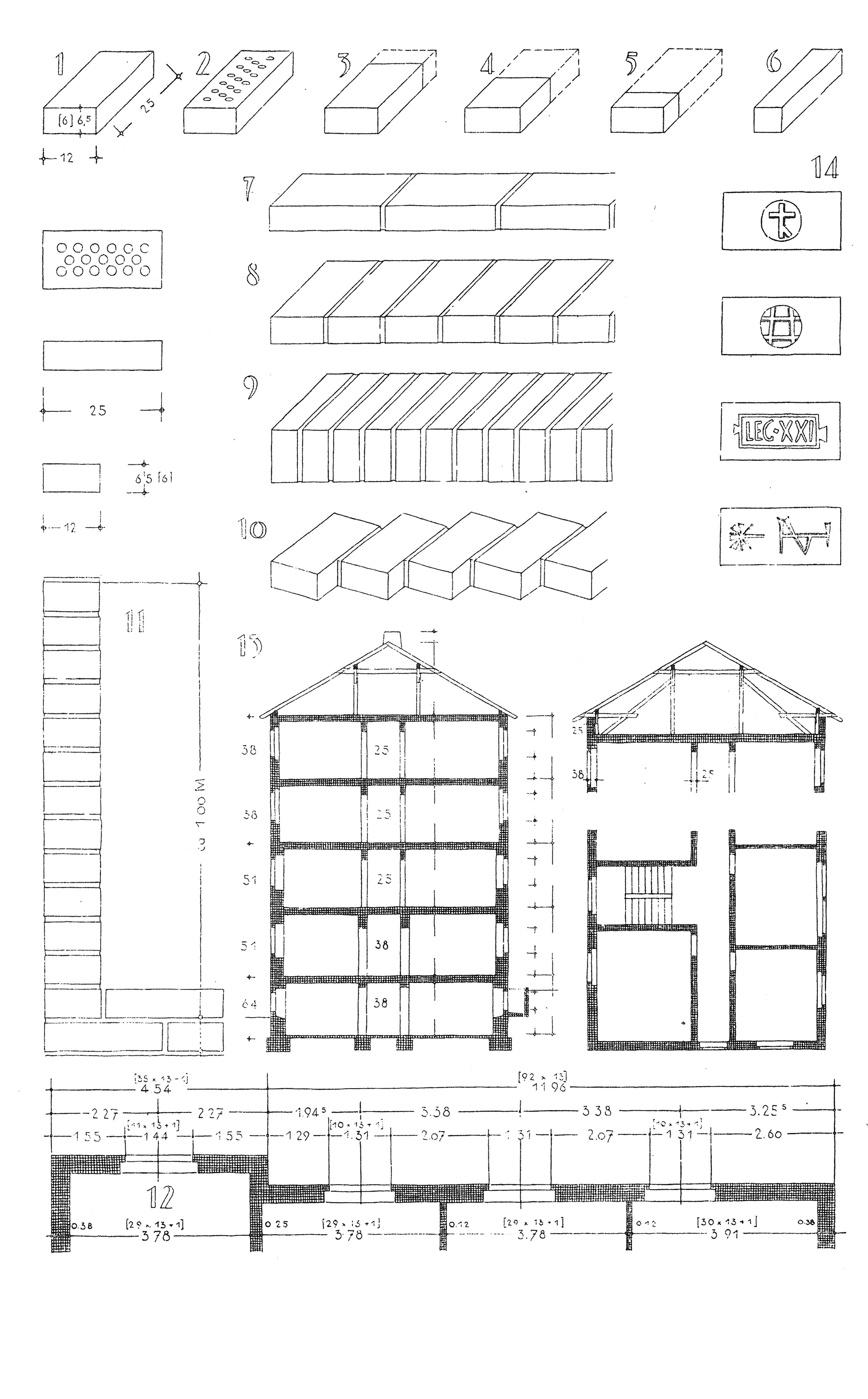 Der Backstein // Abb. 1-14. Wände aus Ziegelstein: Wandstärken, Öffnungsmaße, Anschlagmaße, Bezeichnungen [Anm. d. Red.]