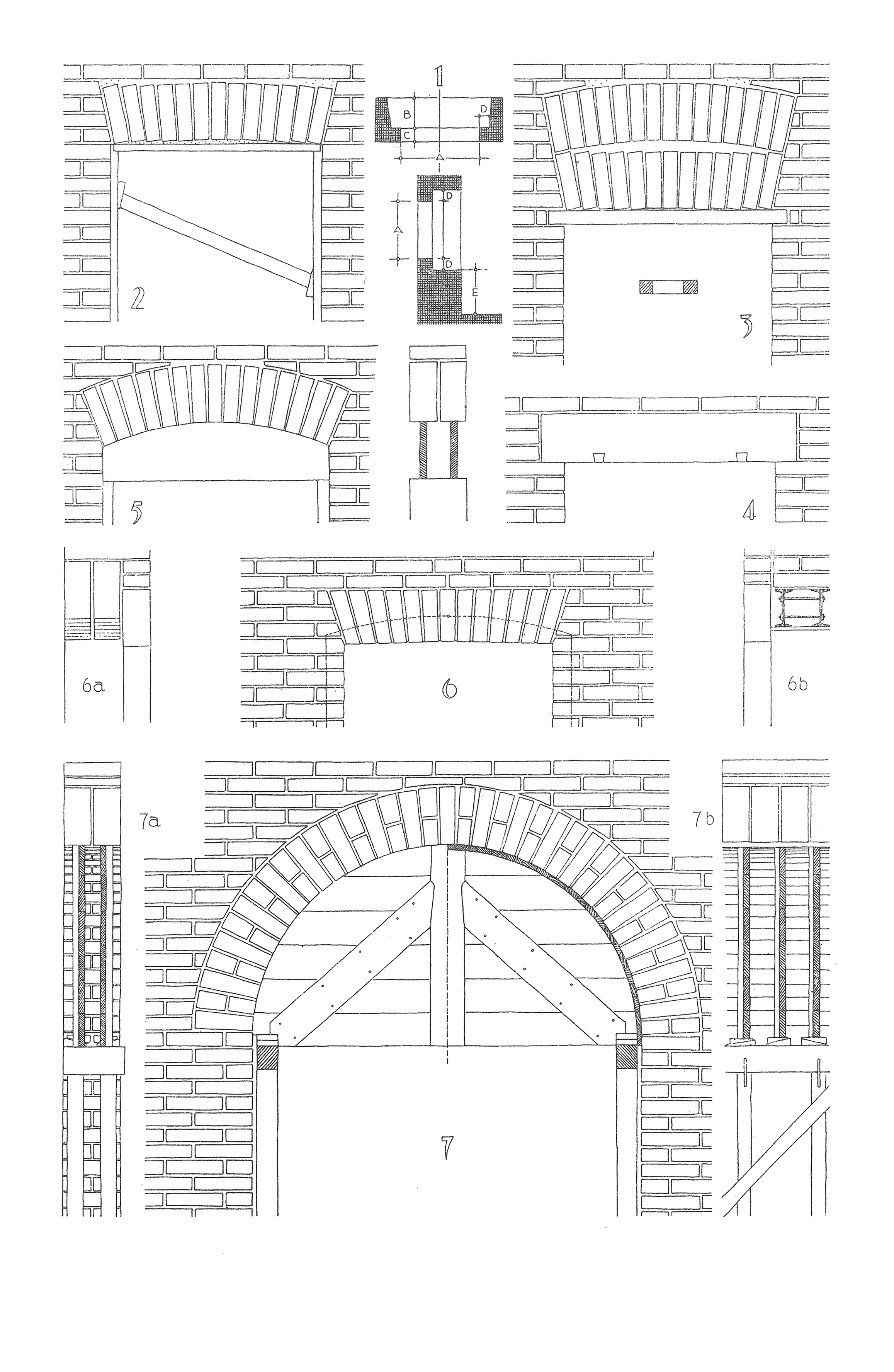 Maueröffnungen // Abb. 1 Maße // Abb. 2 Scheitrechter Bogen // Abb. 3 Scheitrechter Bogen mit Entlastungsbogen // Abb. 4 Betonsturz // Abb. 5 Segmentbogen // Abb. 7 Rundbogen [Anm. d. Red.]