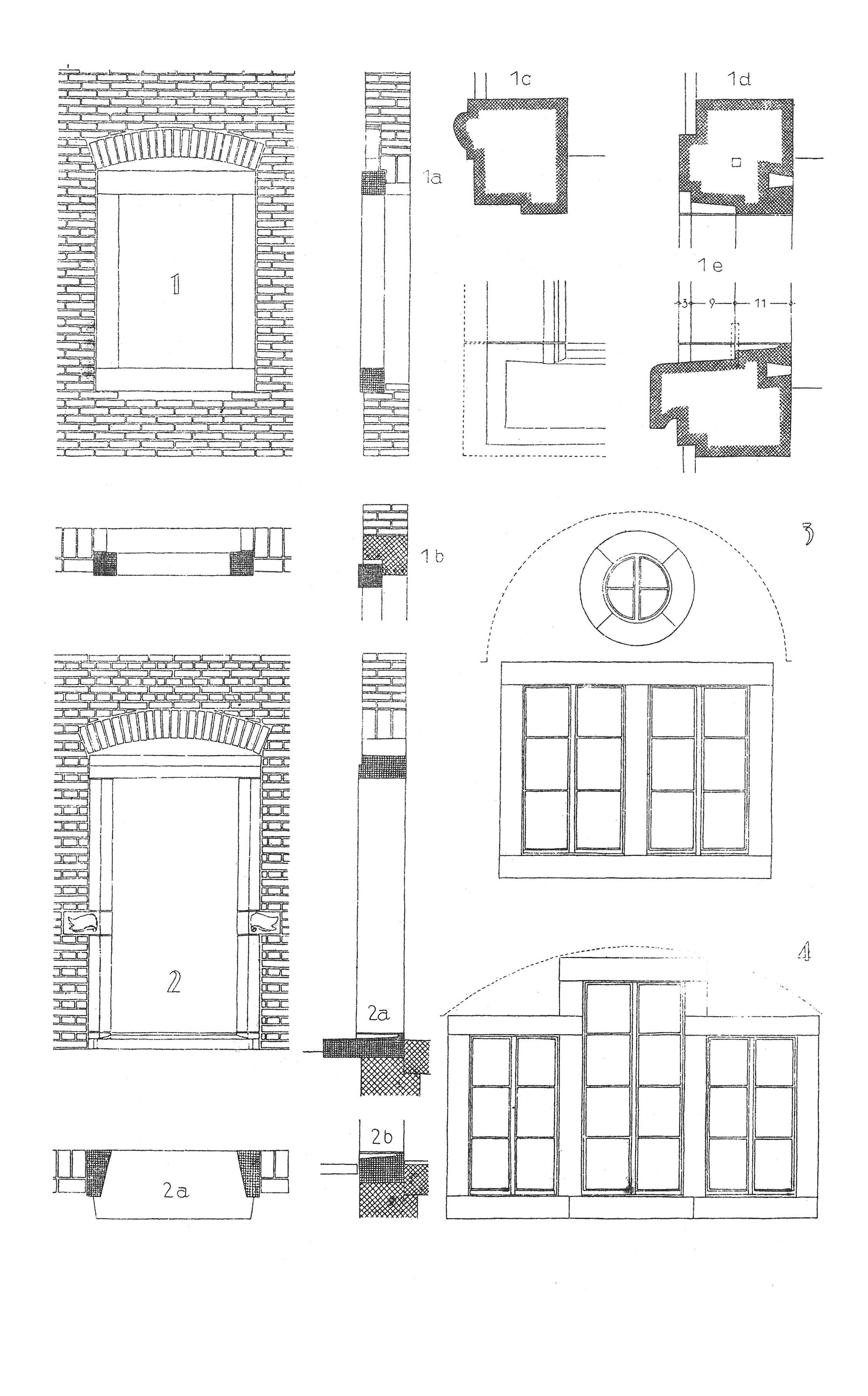 Fenster- und Türöffnungen in Werkstein // Abb. 1 Werksteingewände eines Fensters mit Entlastungsbogen // Abb. 2 Werksteingewände einer Haustür mit Entlastungsbogen // Abb. 3+4 Ansichten [Anm. d. Red.]