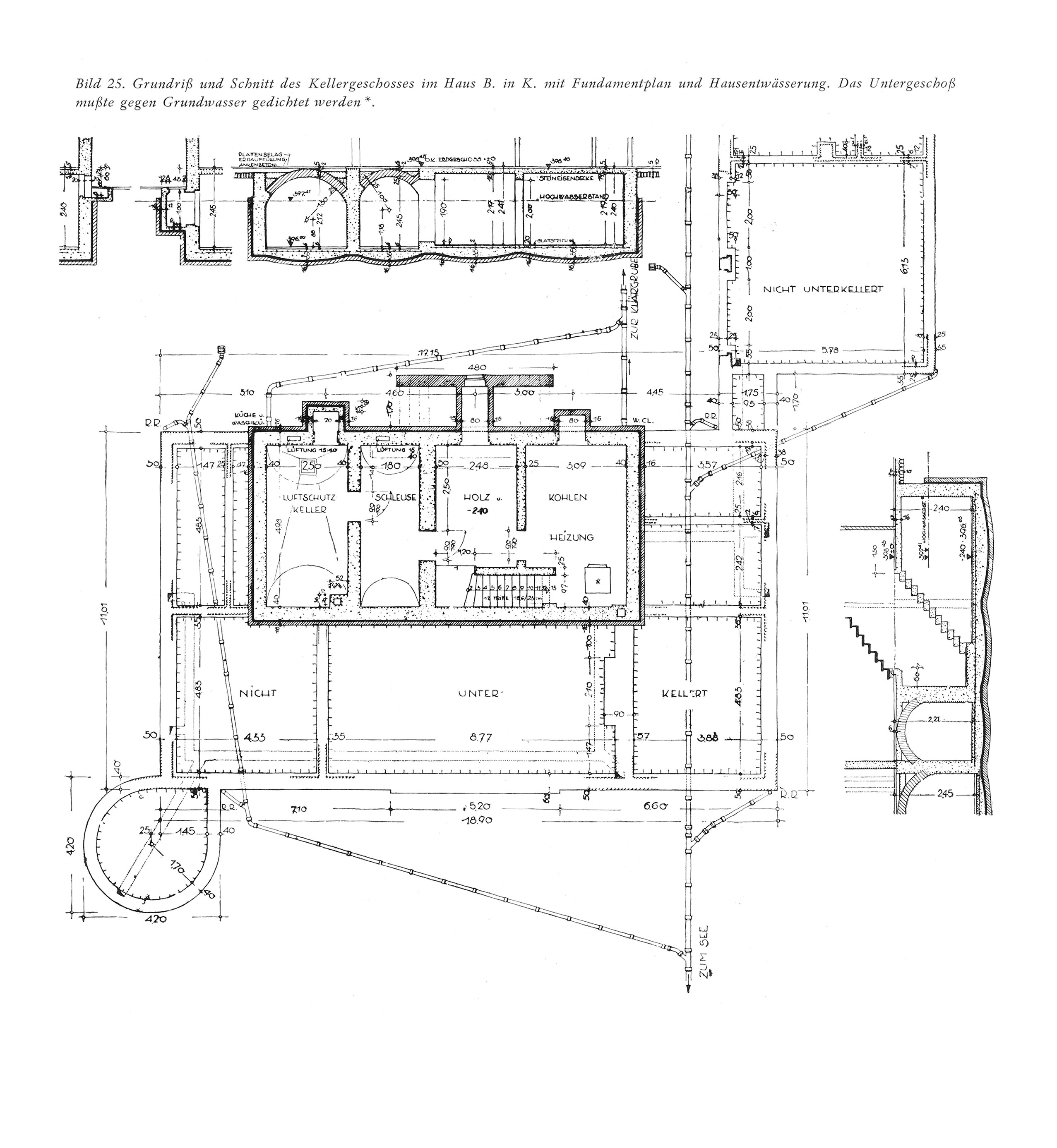 Bild 25. Grundriß und Schnitt des Kellergeschosses im Haus B. in K. mit Fundamentplan und Hausentwässerung. Das Untergeschoß mußte gegen Grundwasser gedichtet werden.