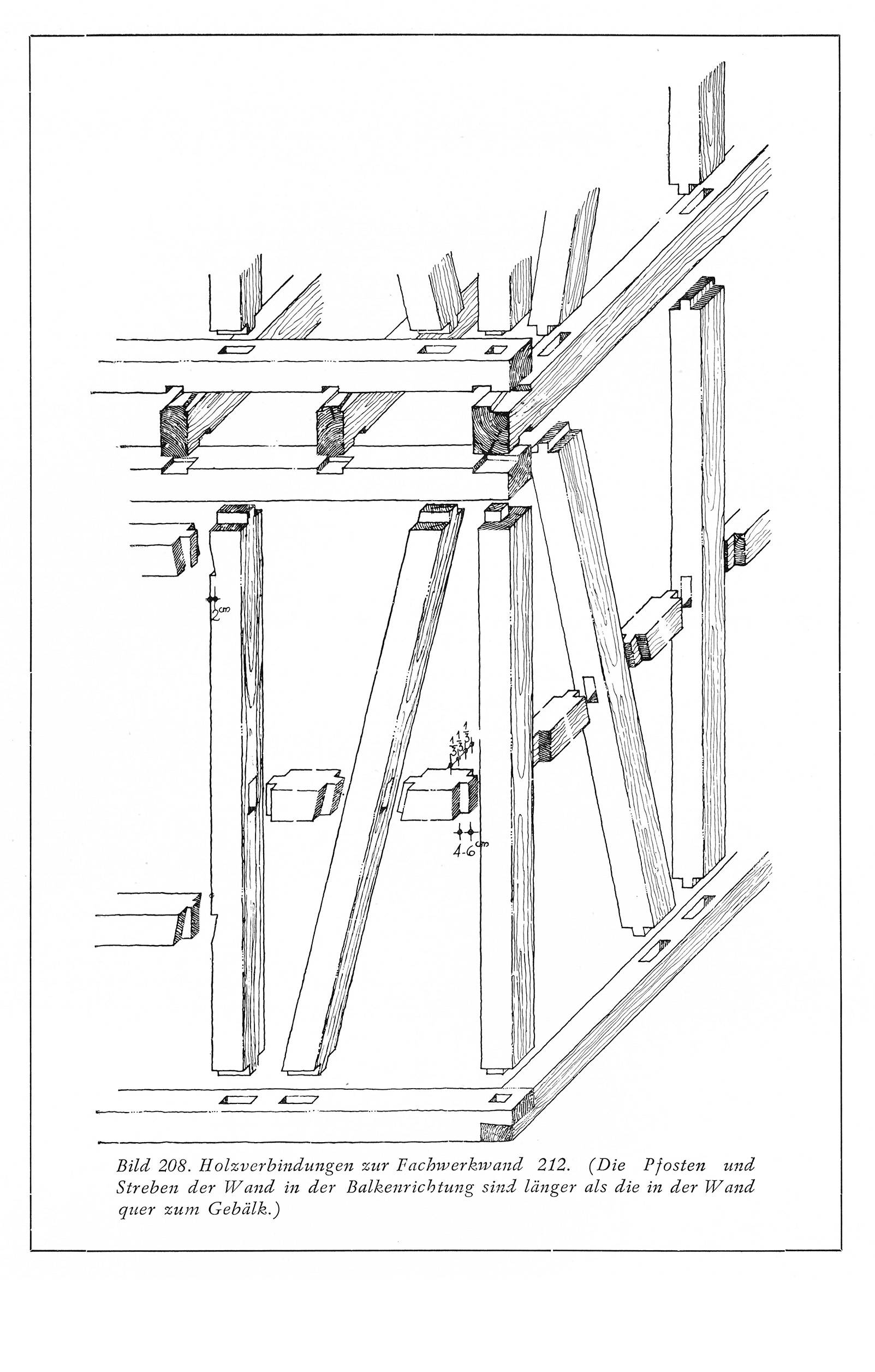 Bild 208. Holzverbindungen zur Fachwerkwand 212. (Die Pfosten und Streben der Wand in der Balkenrichtung sind länger als die in der Wand quer zum Gebälk.)