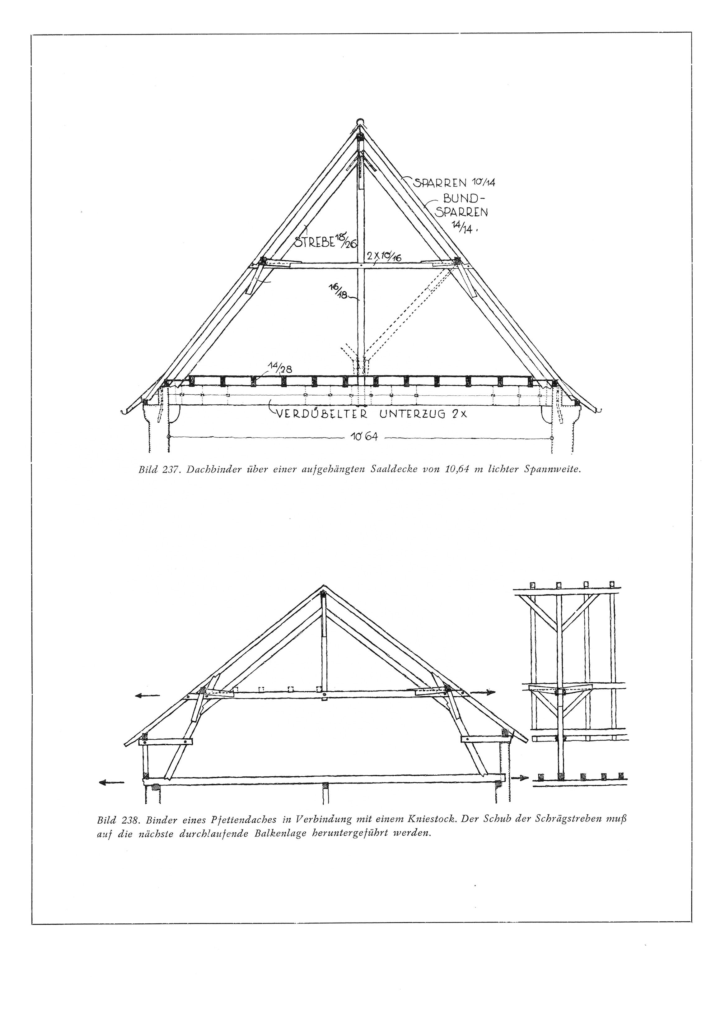 Bild 237. Dachbinder über einer aufgehängten Saaldecke von 10,64 m lichter Spannweite. // 
Bild 238. Binder eines Pfettendaches in Verbindung mit einem Kniestock.