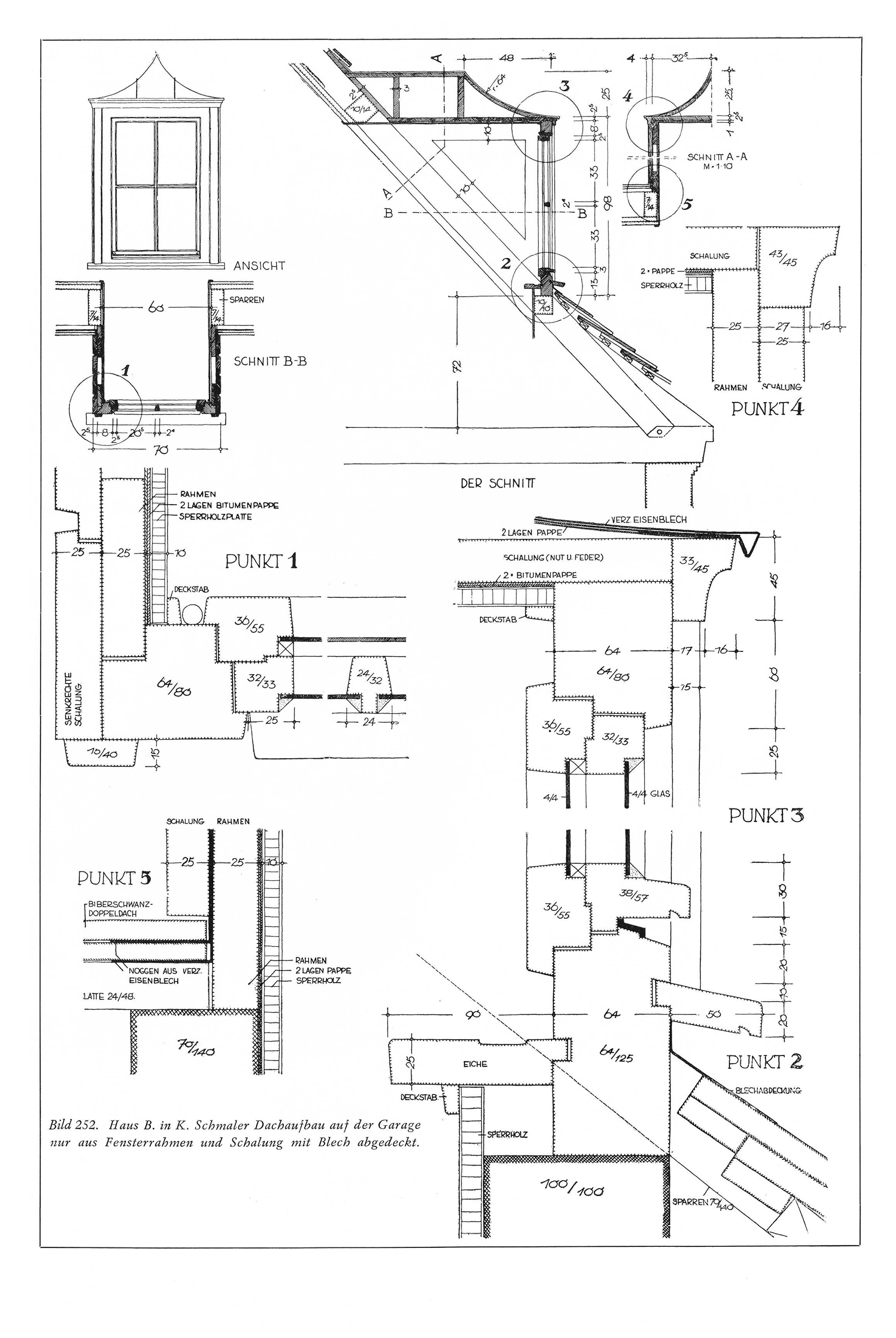 Bild 252. Haus B. in K. Schmaler Dachaufbau auf der Garage nur aus Fensterrahmen und Schalung mit Blech abgedeckt.