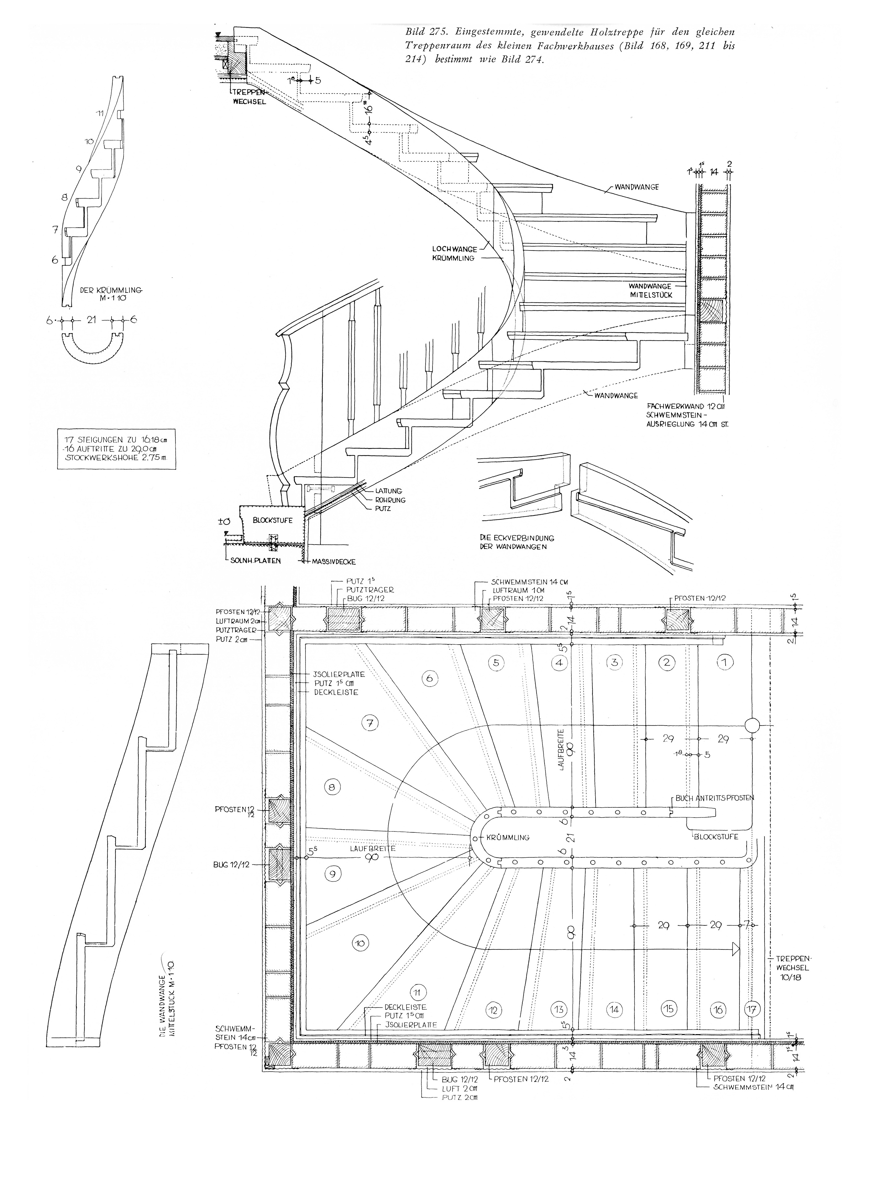 Bild 275. Eingestemmte, gewendelte Holztreppe für den gleichen Treppenraum des kleinen Fachwerkhauses (Bild 168, 169, 211 bis 214) bestimmt wie Bild 274.