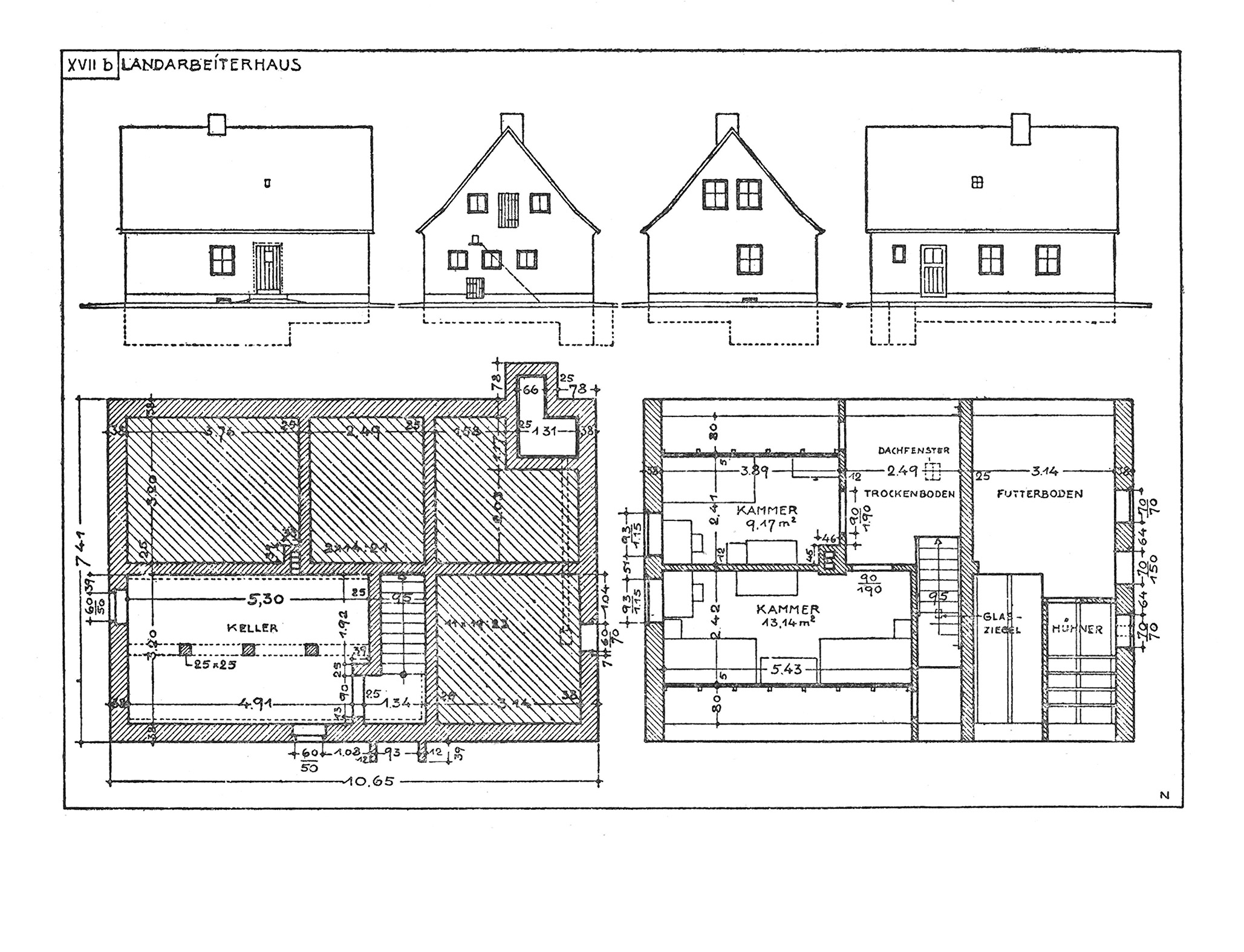 Bild XVII b // Ansichten und Grundrisse, Entwurf für ein Landarbeiterhaus als Lehmstampfbau [Anm. d. Red.]