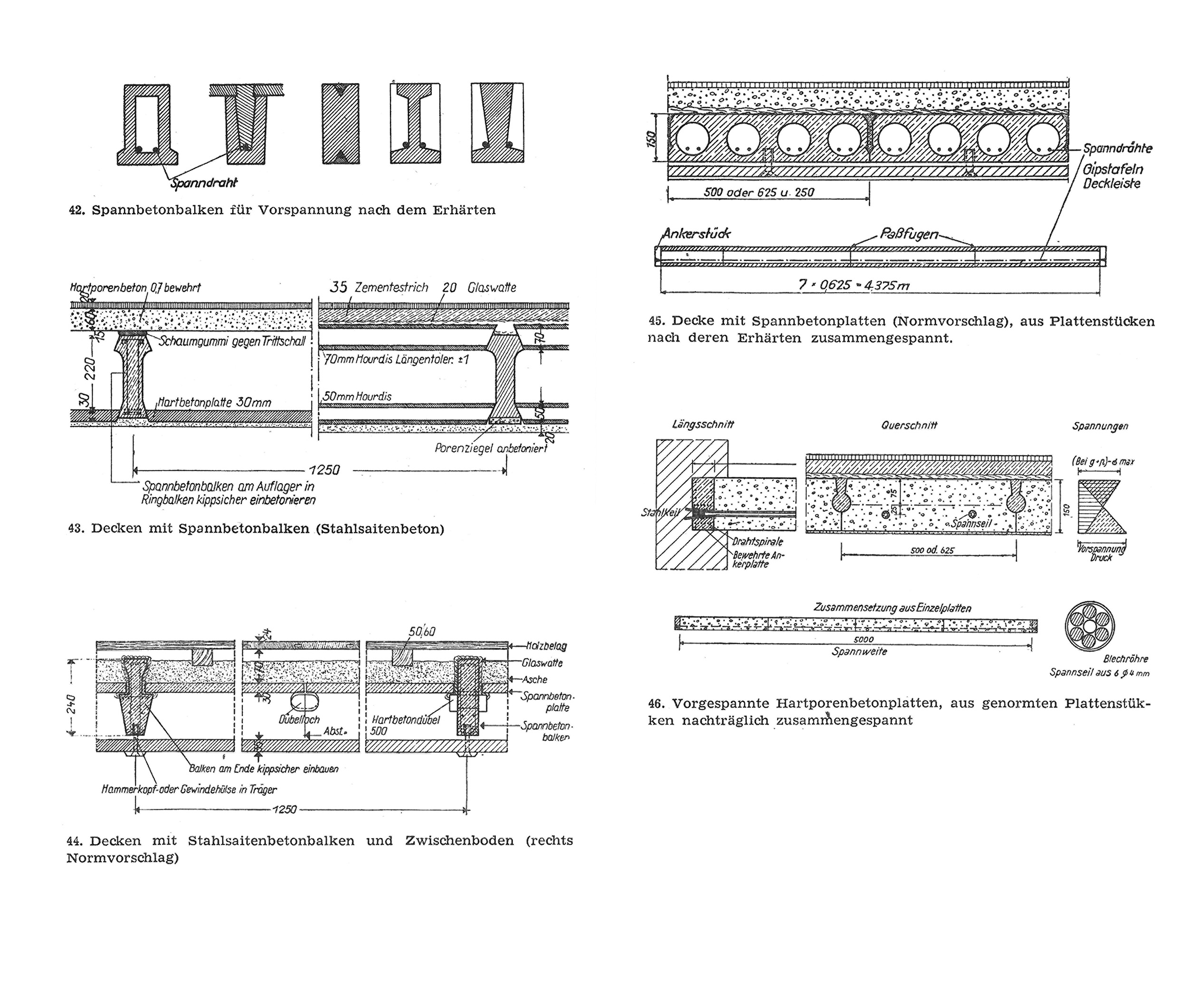 42. Spannbetonbalken für Vorspannung nach dem Erhärten // 43. Decken mit Spannbetonbalken (Stahlsaitenbeton) // 44. Decken mit Stahlsaitenbetonbalken und Zwischenboden (rechts Normvorschlag) // 45. Decke mit Spannbetonplatten (Normvorschlag), aus Plattenstücken nach deren Erhärten zusammengespannt // 46. Vorgespannte Hartporenbetonplatten, aus genormten Plattenstücken nachträglich zusammengespannt