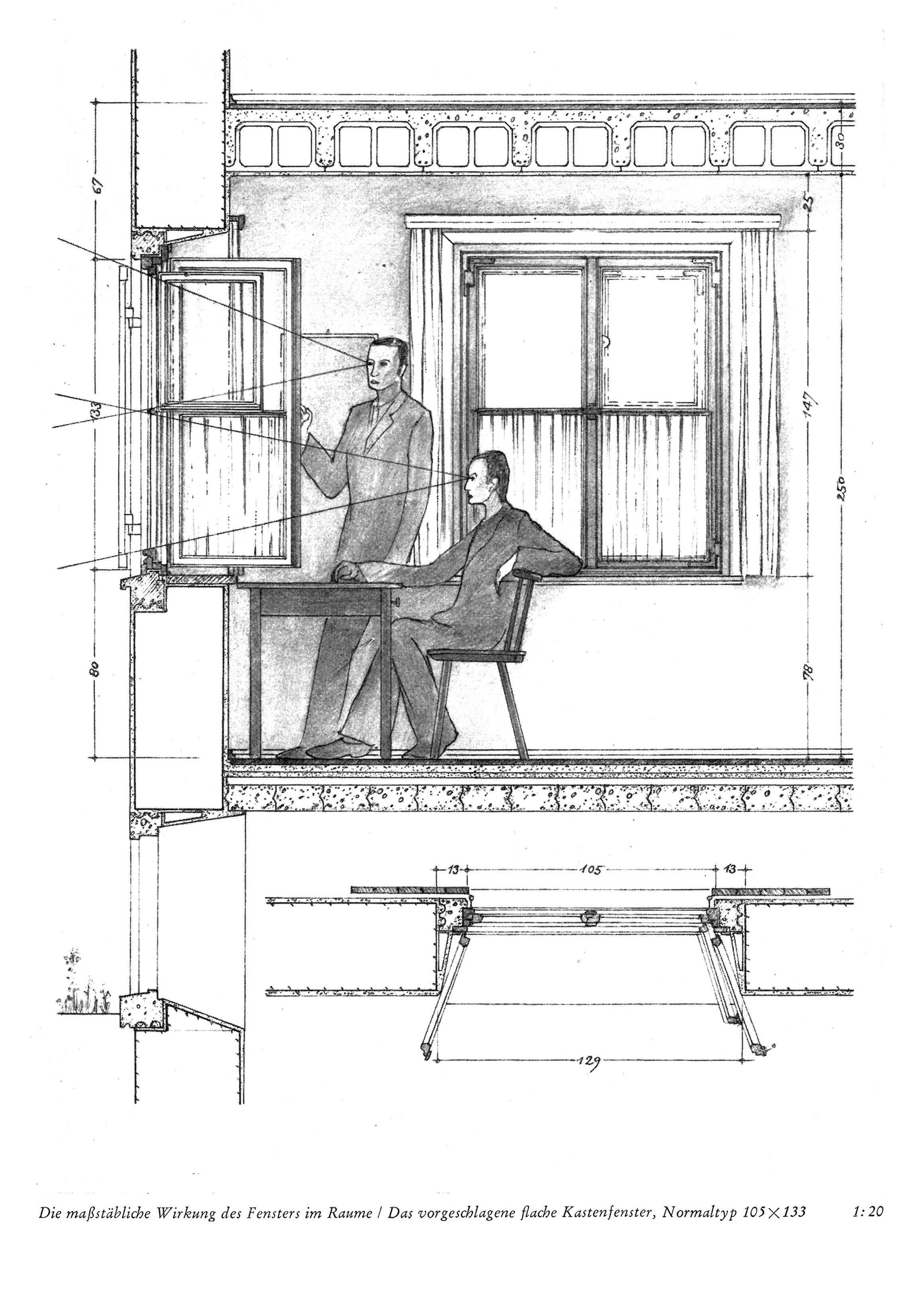 Die maßstäbliche Wirkung des Fensters im Raume / Das vorgeschlagene flache Kastenfenster, Normaltyp 105 x 133