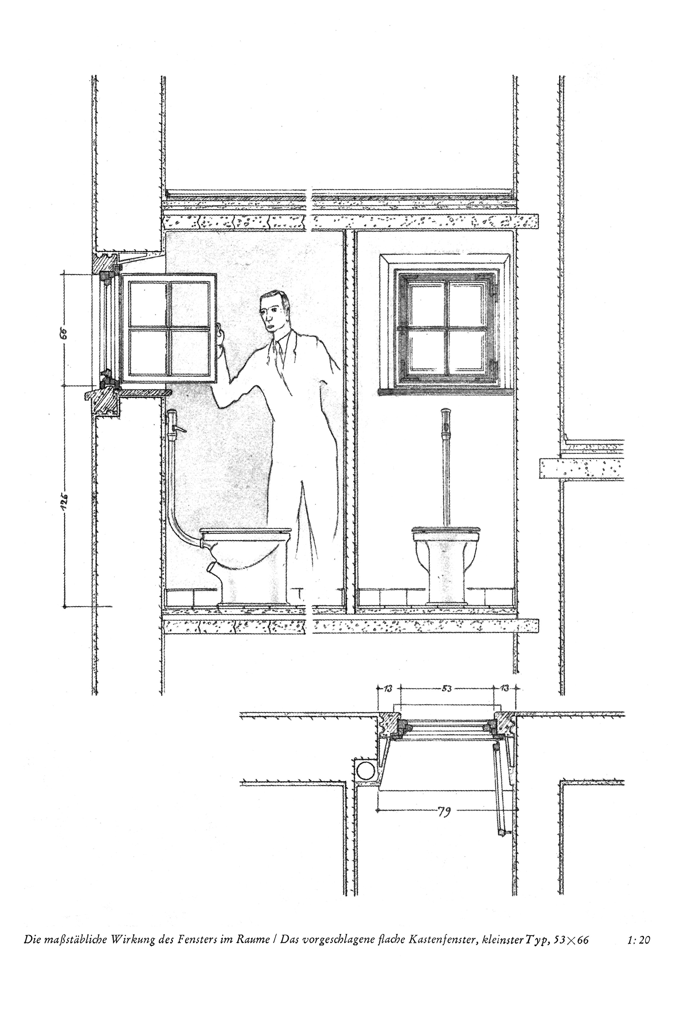 Die maßstäbliche Wirkung des Fensters im Raume / Das vorgeschlagene flache Kastenfenster, kleinster Typ, 53 x 66