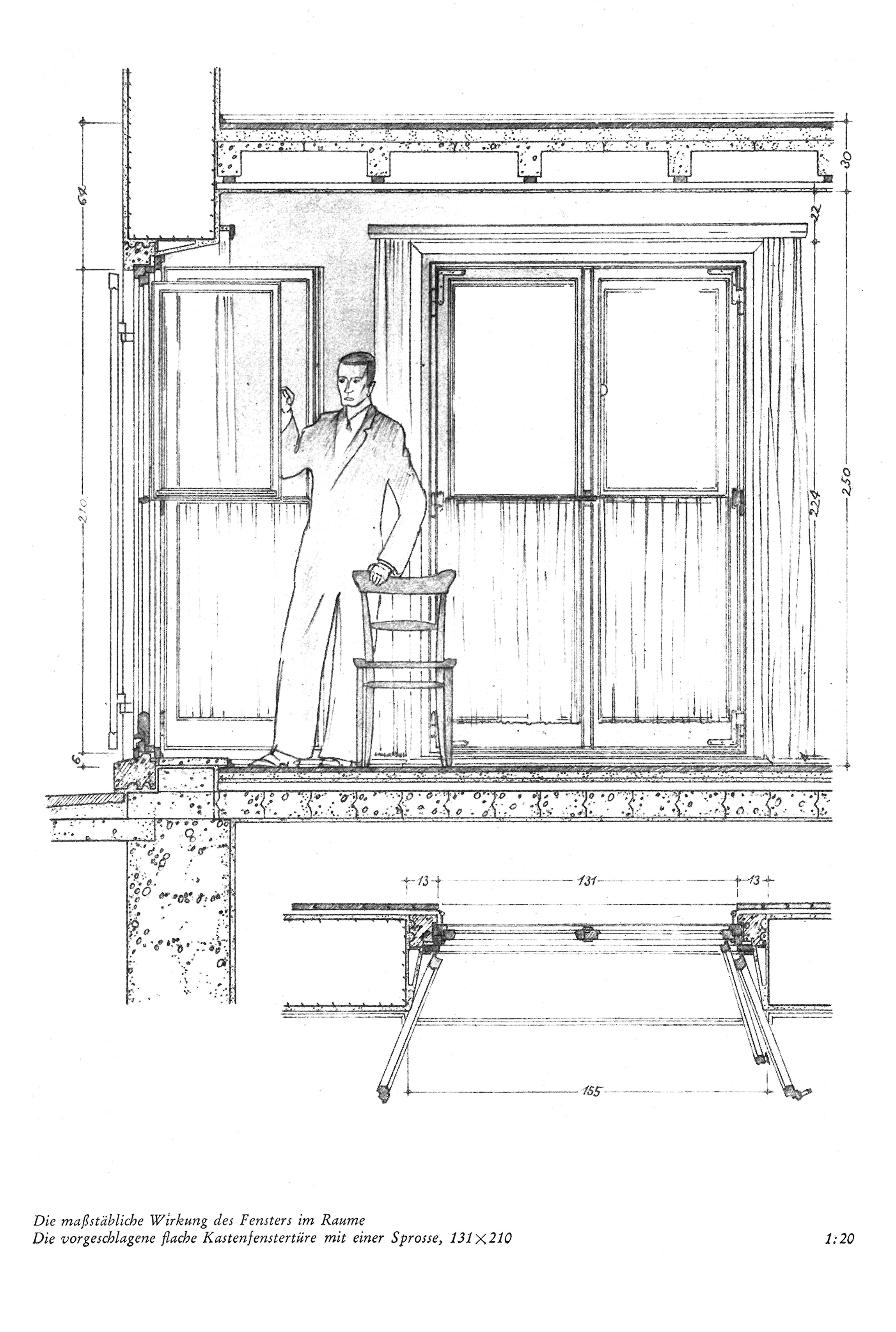 Die maßstäbliche Wirkung des Fensters im Raume / Die vorgeschlagene flache Kastenfenstertüre mit einer Sprosse, 131 x 210