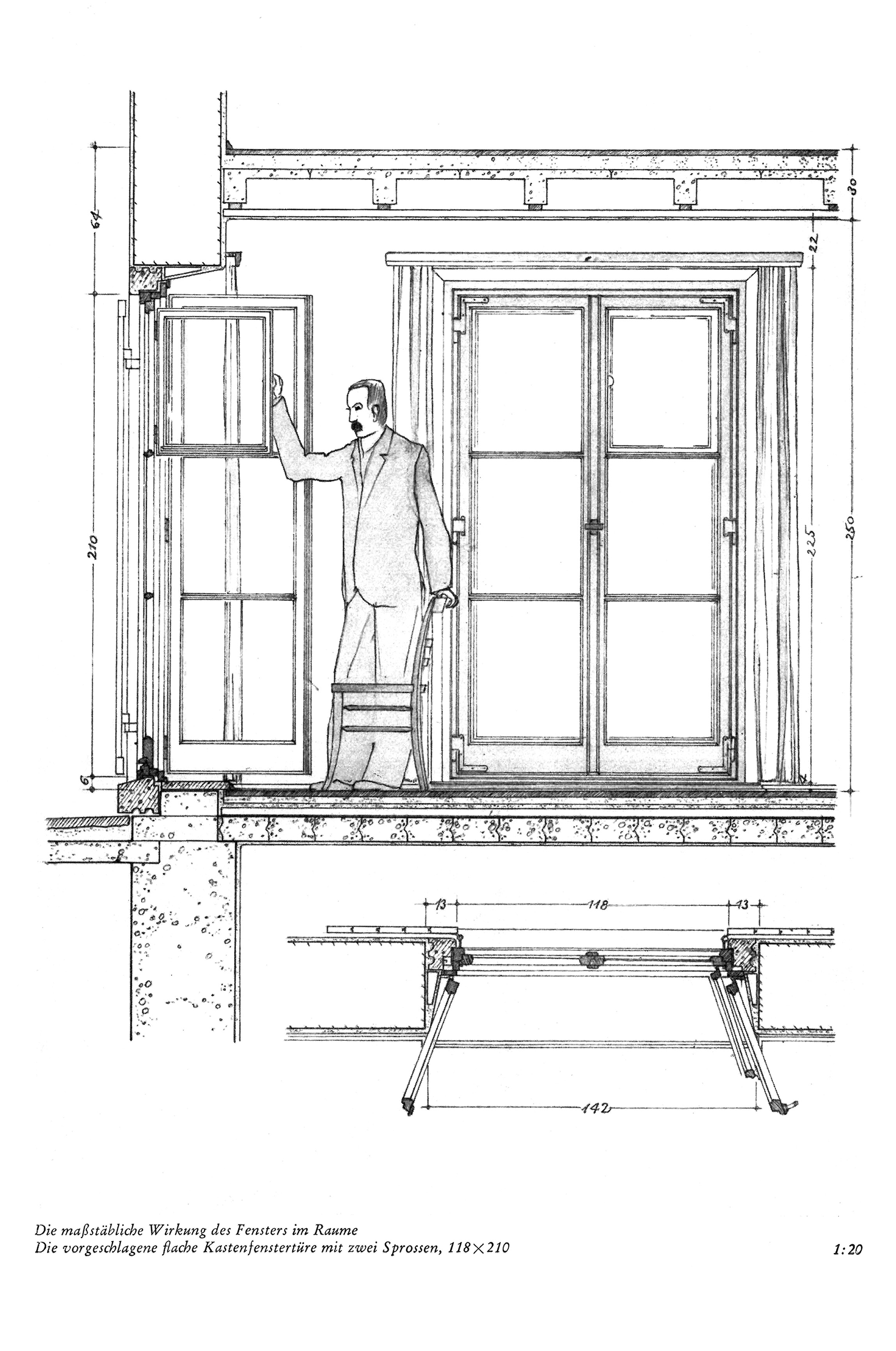 Die maßstäbliche Wirkung des Fensters im Raume / Die vorgeschlagene flache Kastenfenstertüre mit zwei Sprosse, 118 x 210