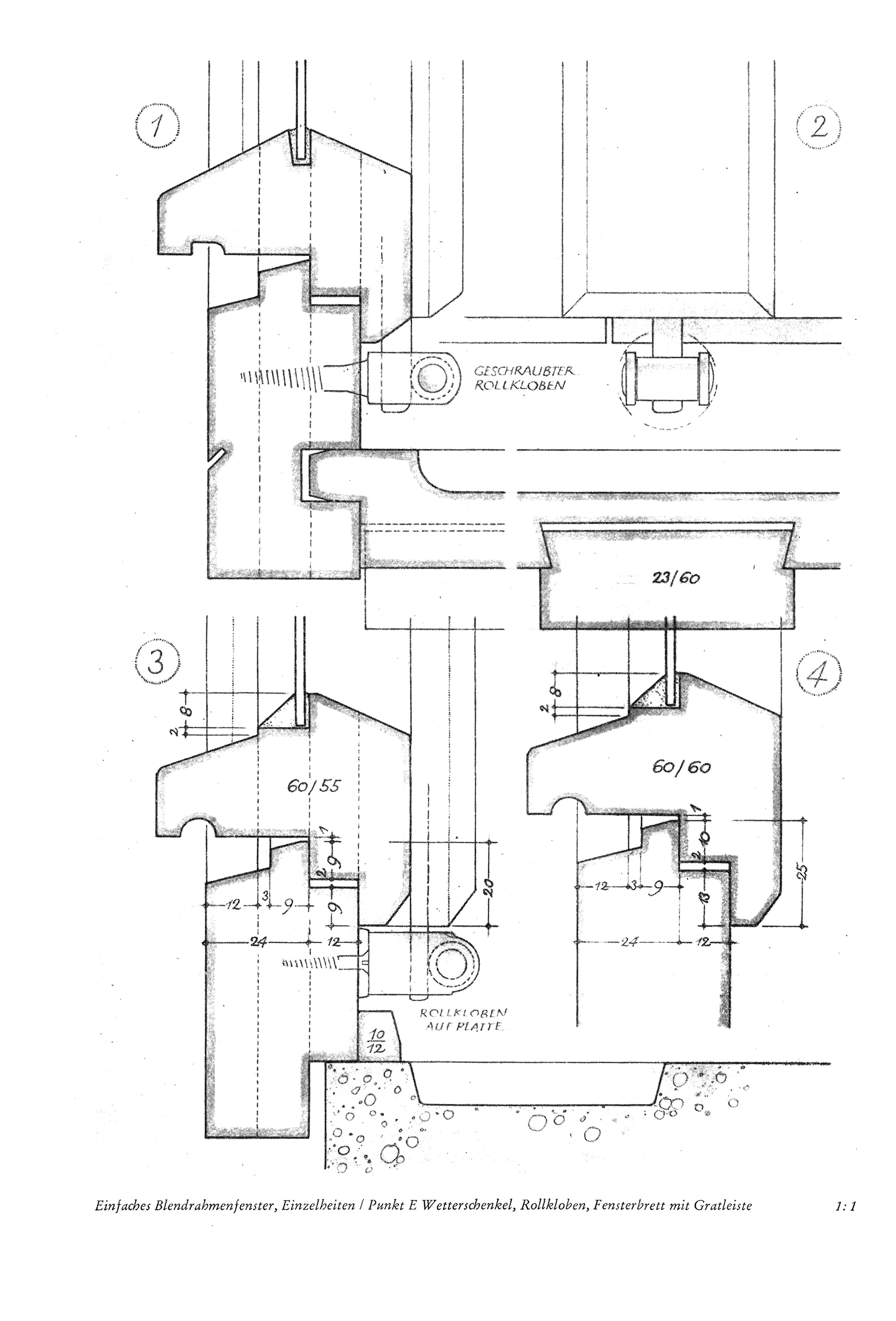 Einfaches Blendrahmenfenster, Einzelheiten / Punkt E Wetterschenkel, Fensterbrett mit Gratleiste 1:1