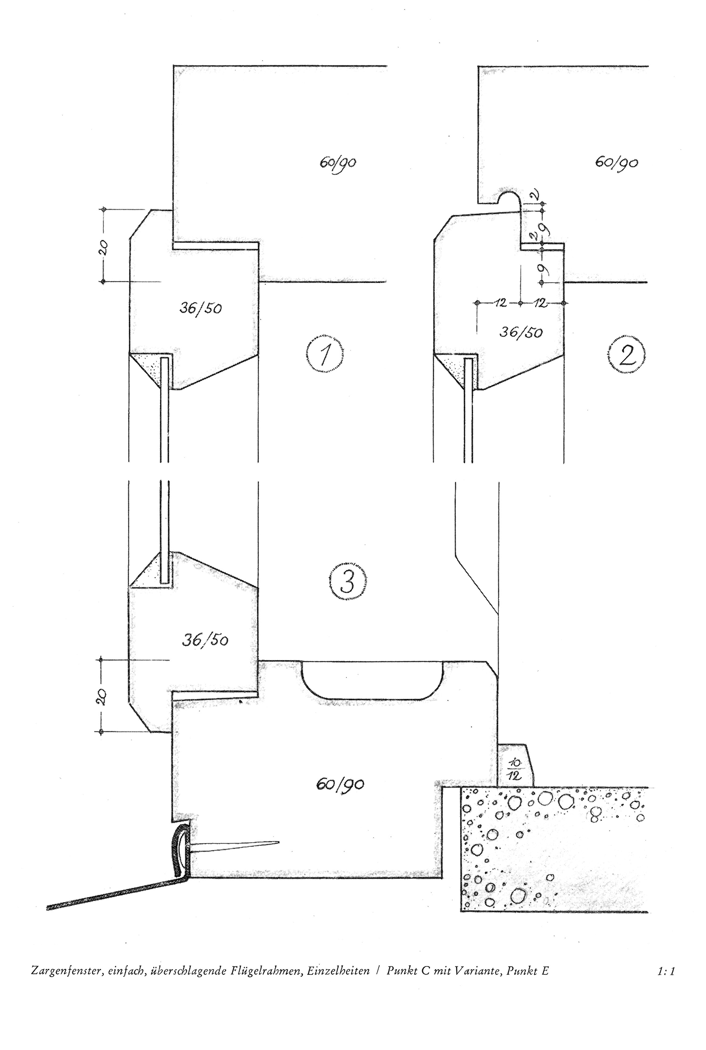 Zargenfenster, einfach, mit überschlagendem Flügelrahmen, Einzelheiten / Punkt C mit Variante, Punkt E 1:1