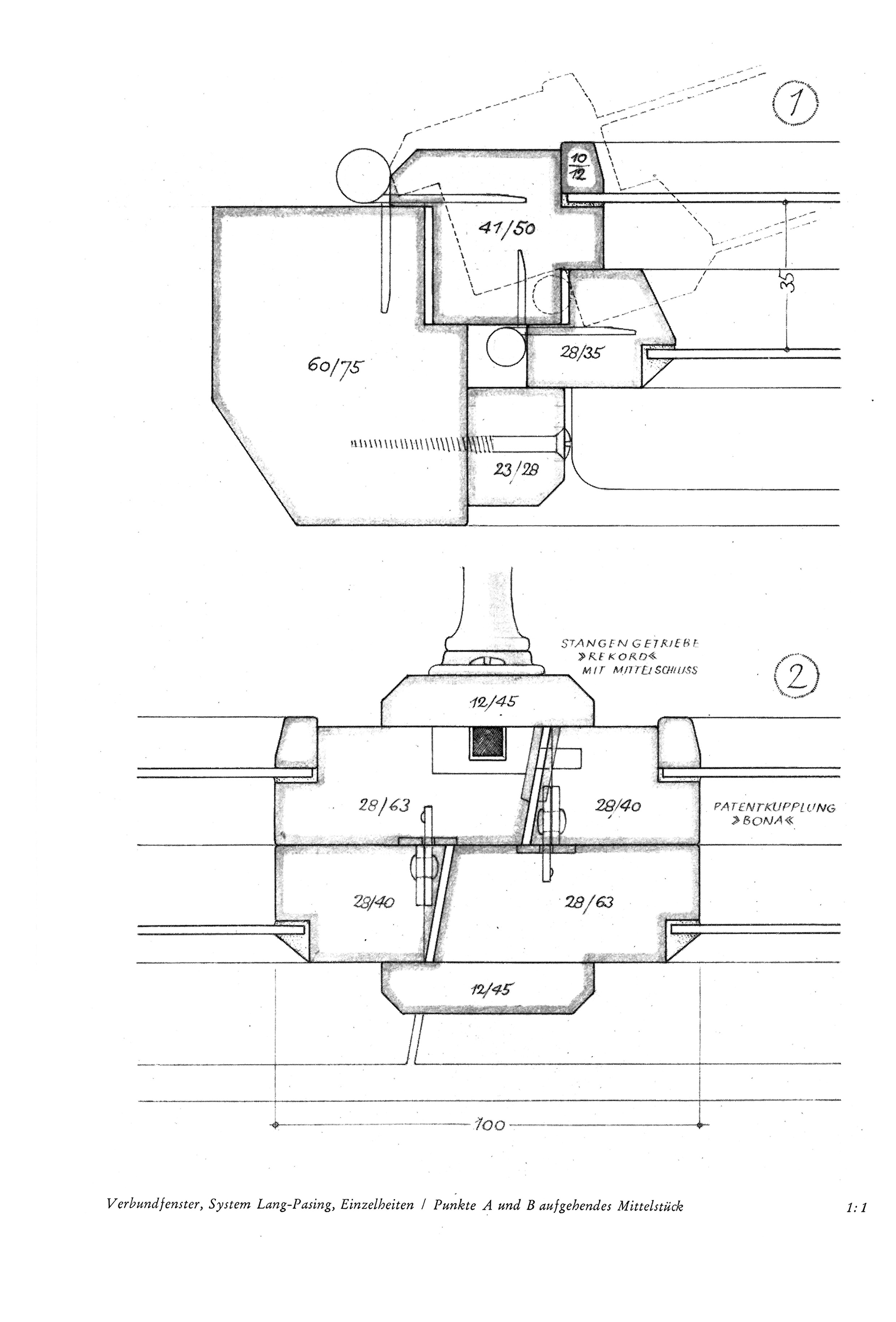 Verbundfenster, System Lang-Pasing, Einzelheiten / Punkt A und B Mittelstück 1:1