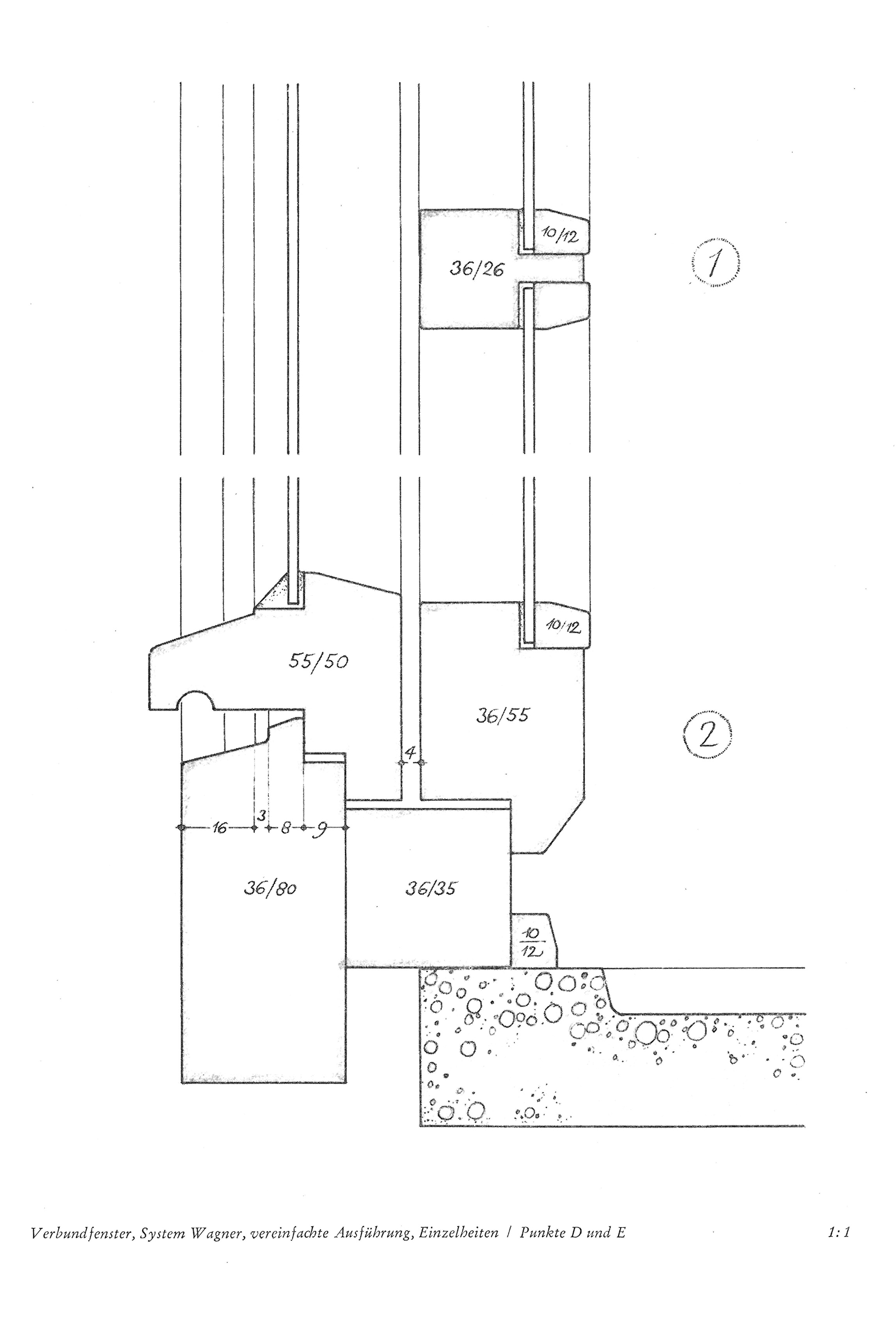Verbundfenster, System Wagner, vereinfachte Ausführung, Einzelheiten / Punkte D und E 1:1