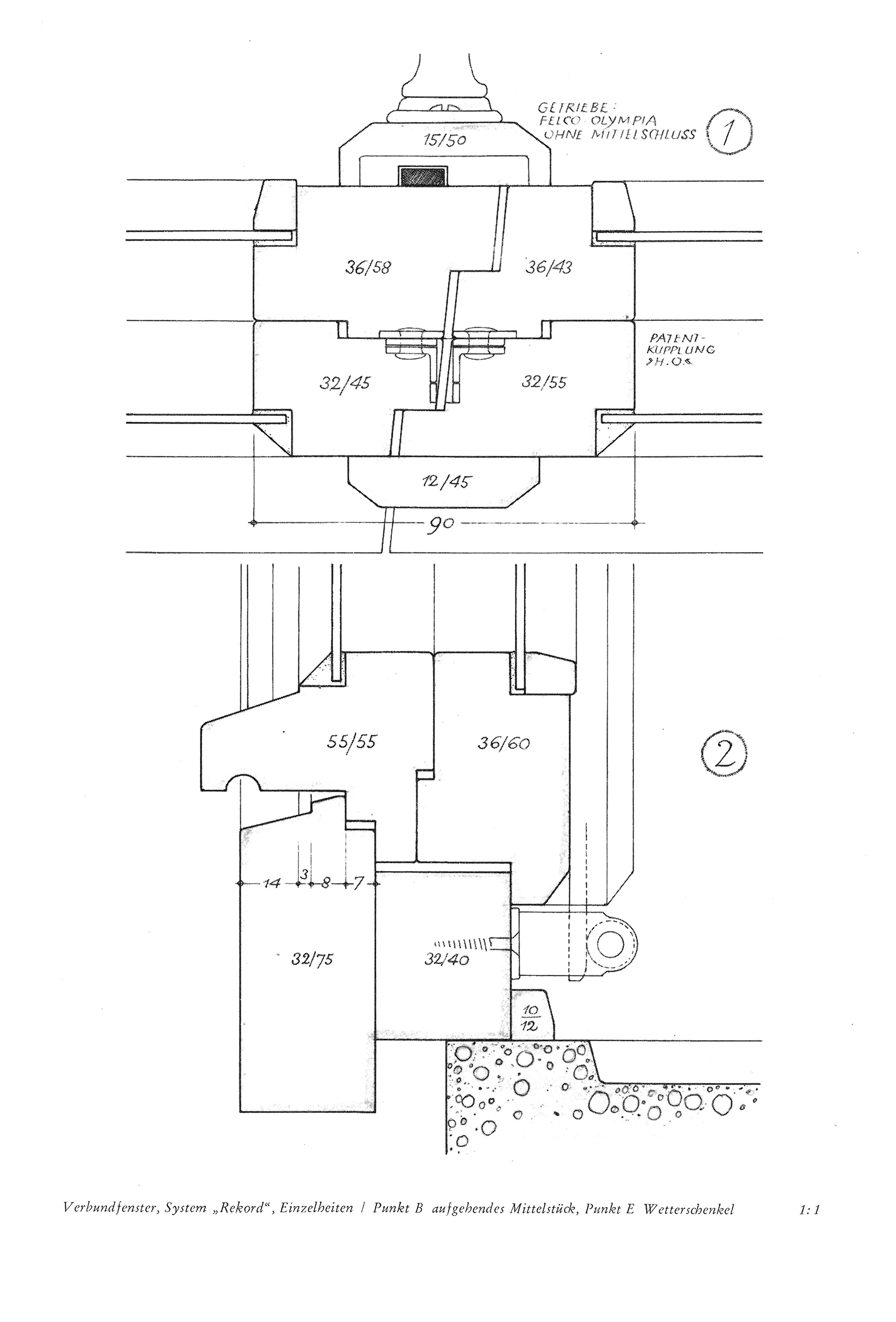 Verbundfenster, System „Rekord“, Einzelheiten / Punkt B aufgehendes Mittelstück, Punkt E Wetterschenkel 1:1