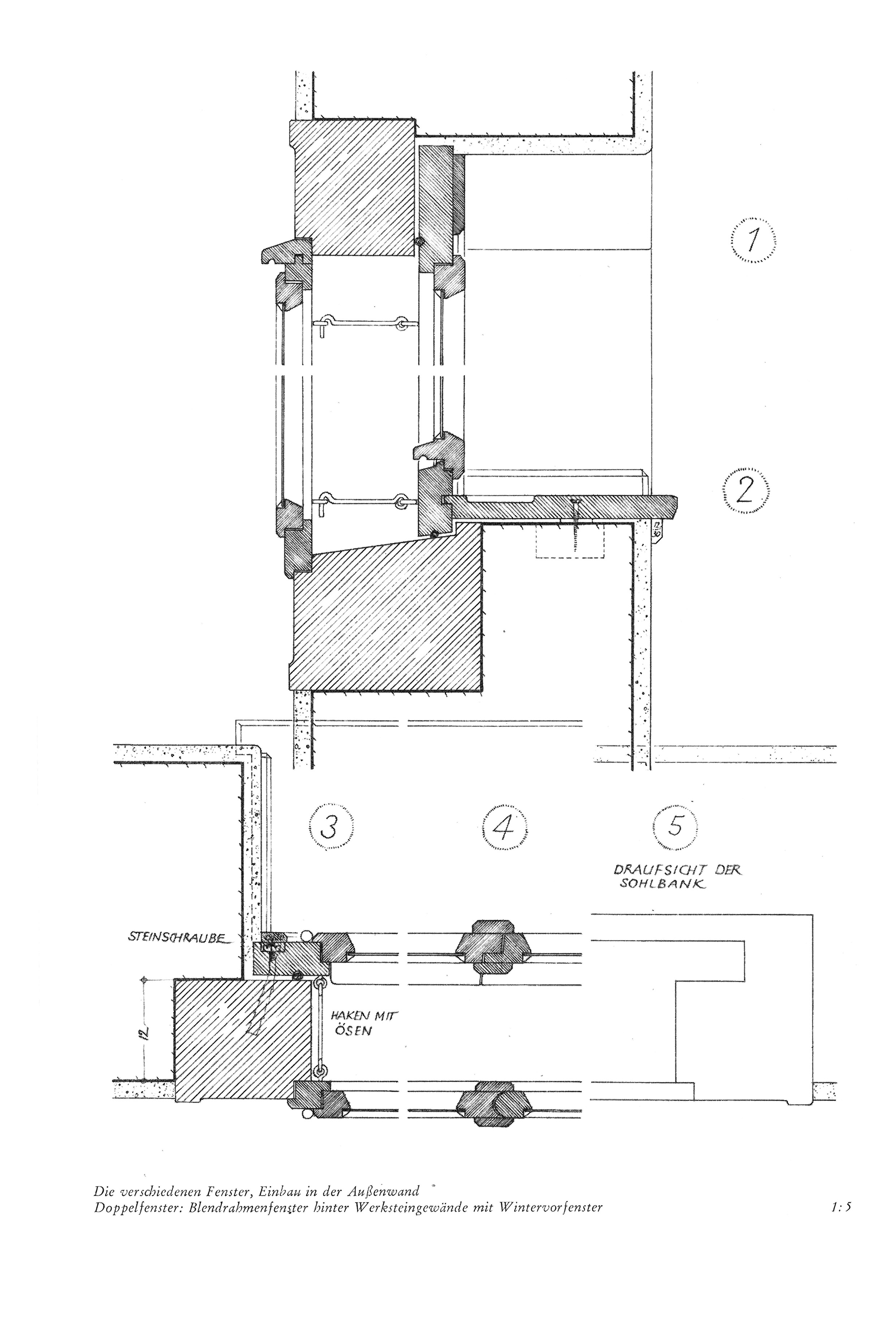 Die verschiedenen Fenster, Einbau in der Außenwand Doppelfenster: Blendrahmenfenster hinter Werksteingewände mit Wintervorfenster 1:5