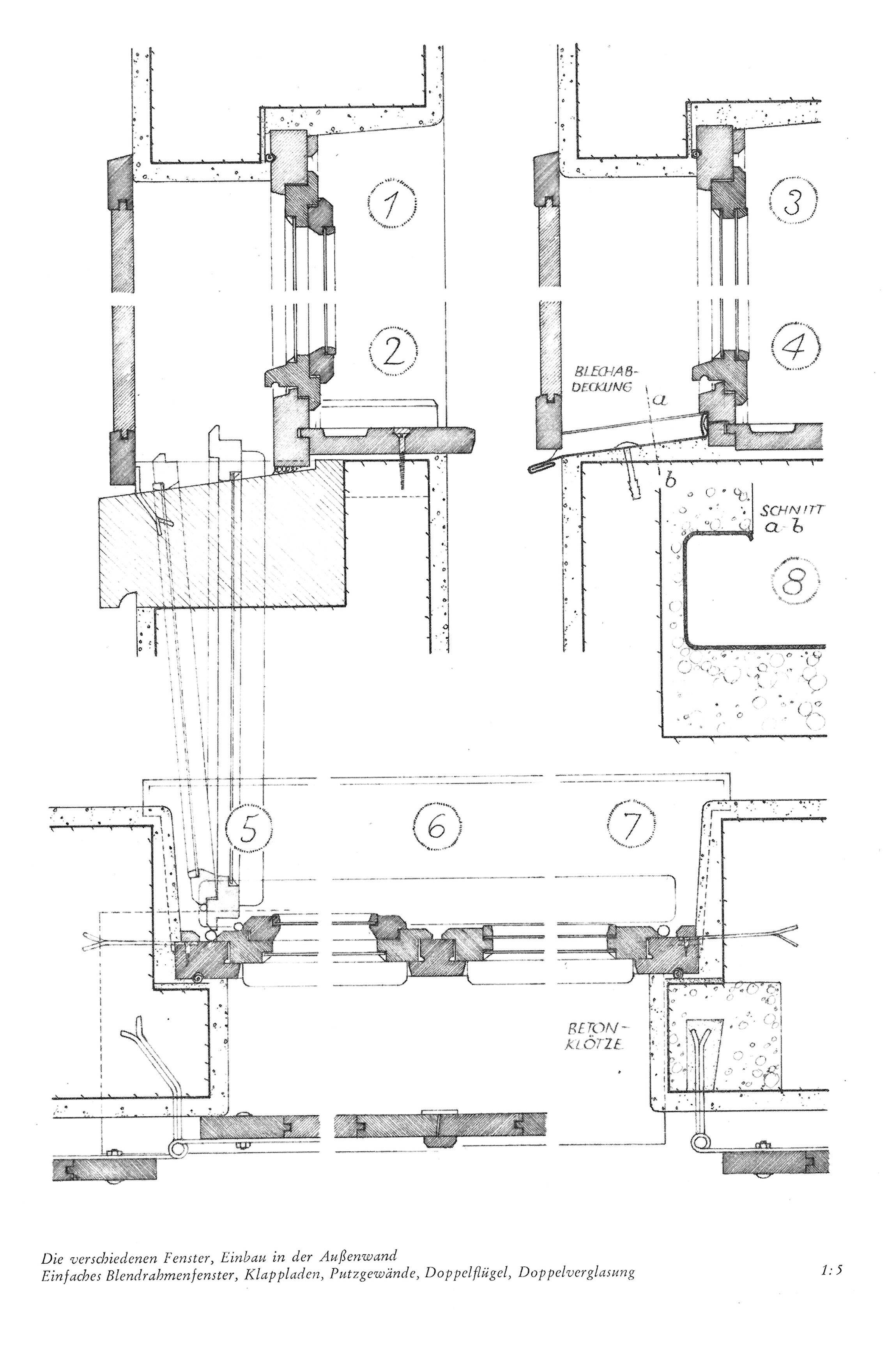 Die verschiedenen Fenster, Einbau in der Außenwand Einfaches Blendrahmenfenster, Klappladen, Putzgewände, Doppelflügel, Doppelverglasung 1:5