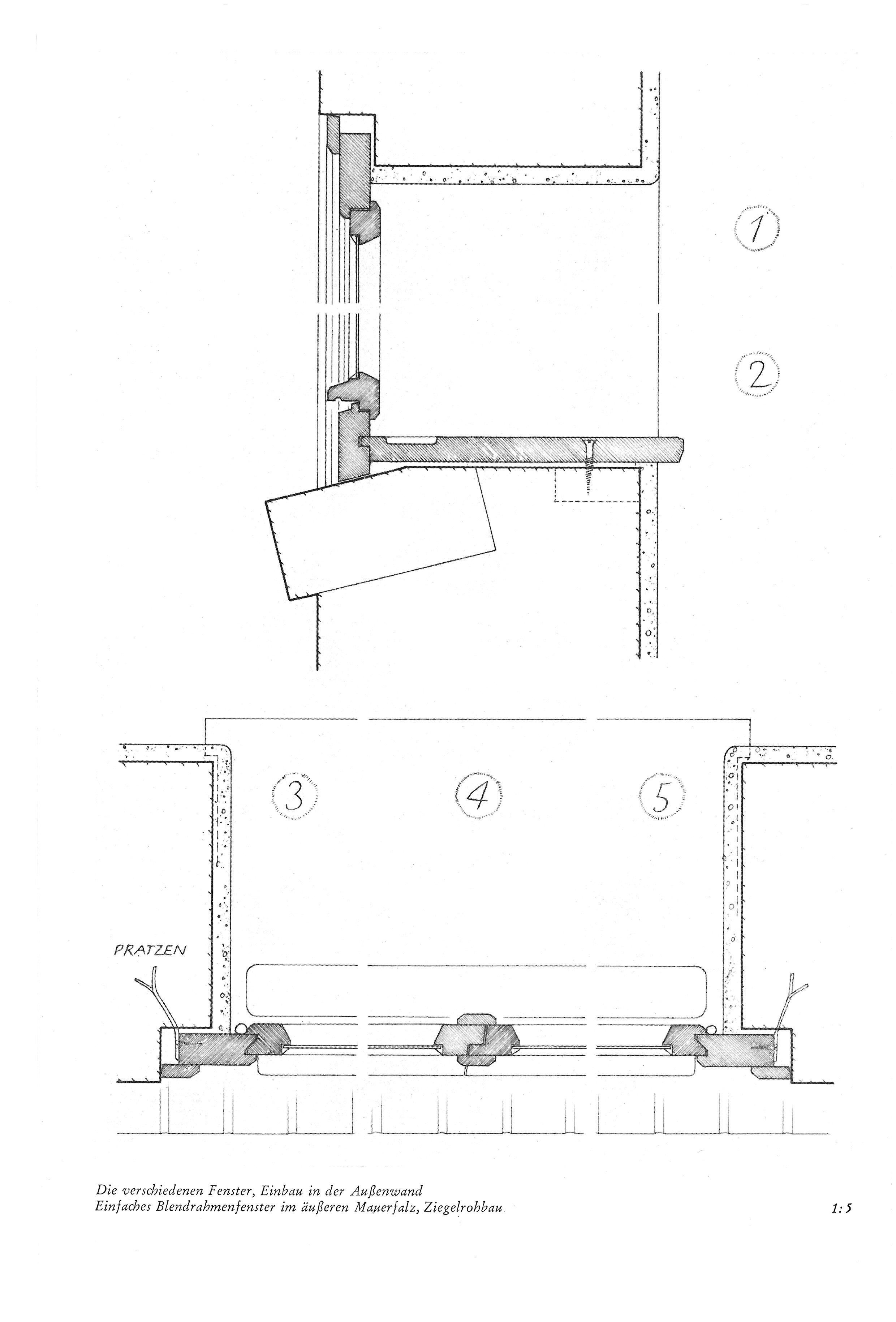 Die verschiedenen Fenster, Einbau in der Außenwand Einfaches Blendrahmenfenster im äußeren Mauerfalz, Ziegelrohbau 1:5