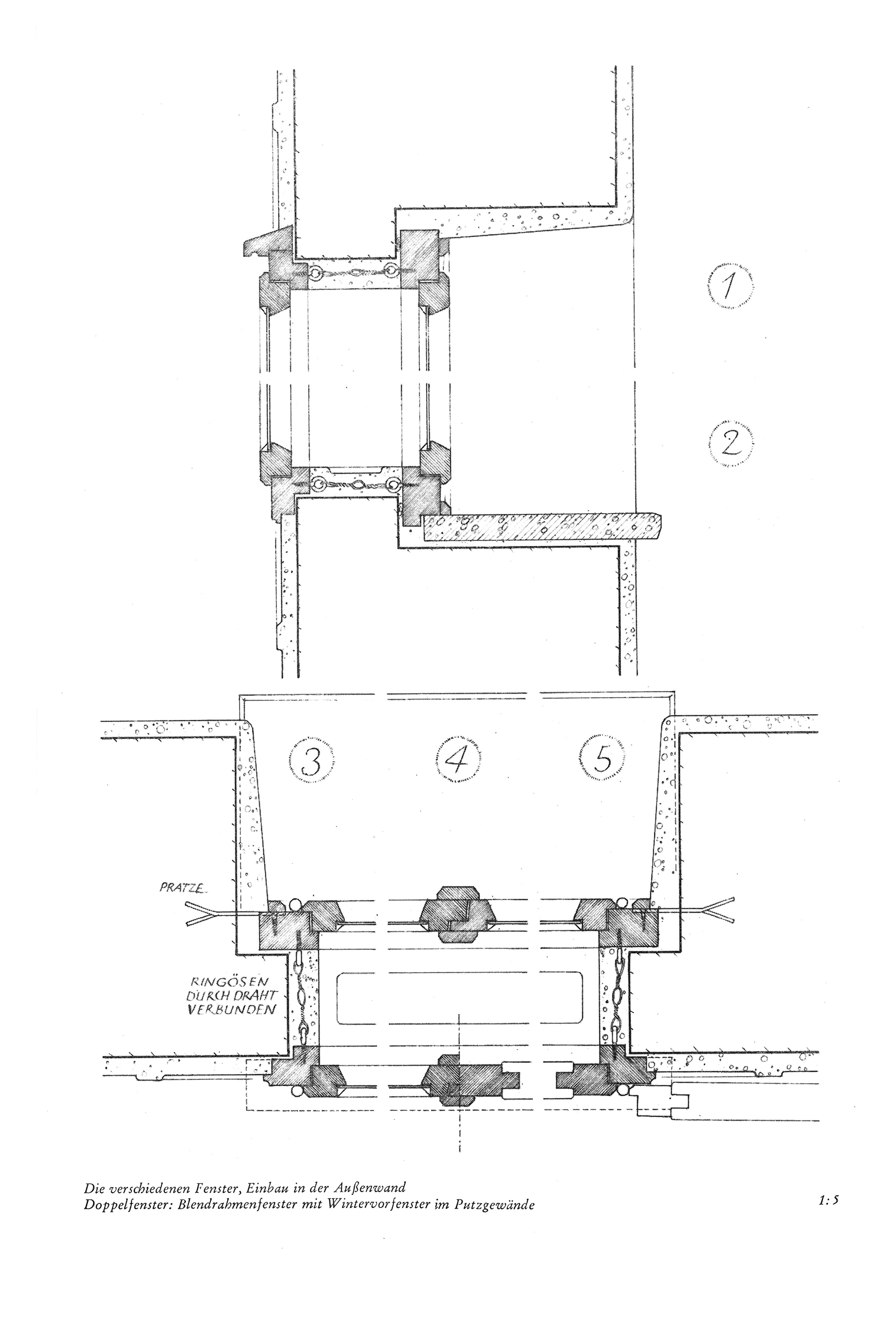Die verschiedenen Fenster, Einbau in der Außenwand Doppelfenster: Blendrahmenfenster mit Wintervorfenster im Putzgewände 1:5