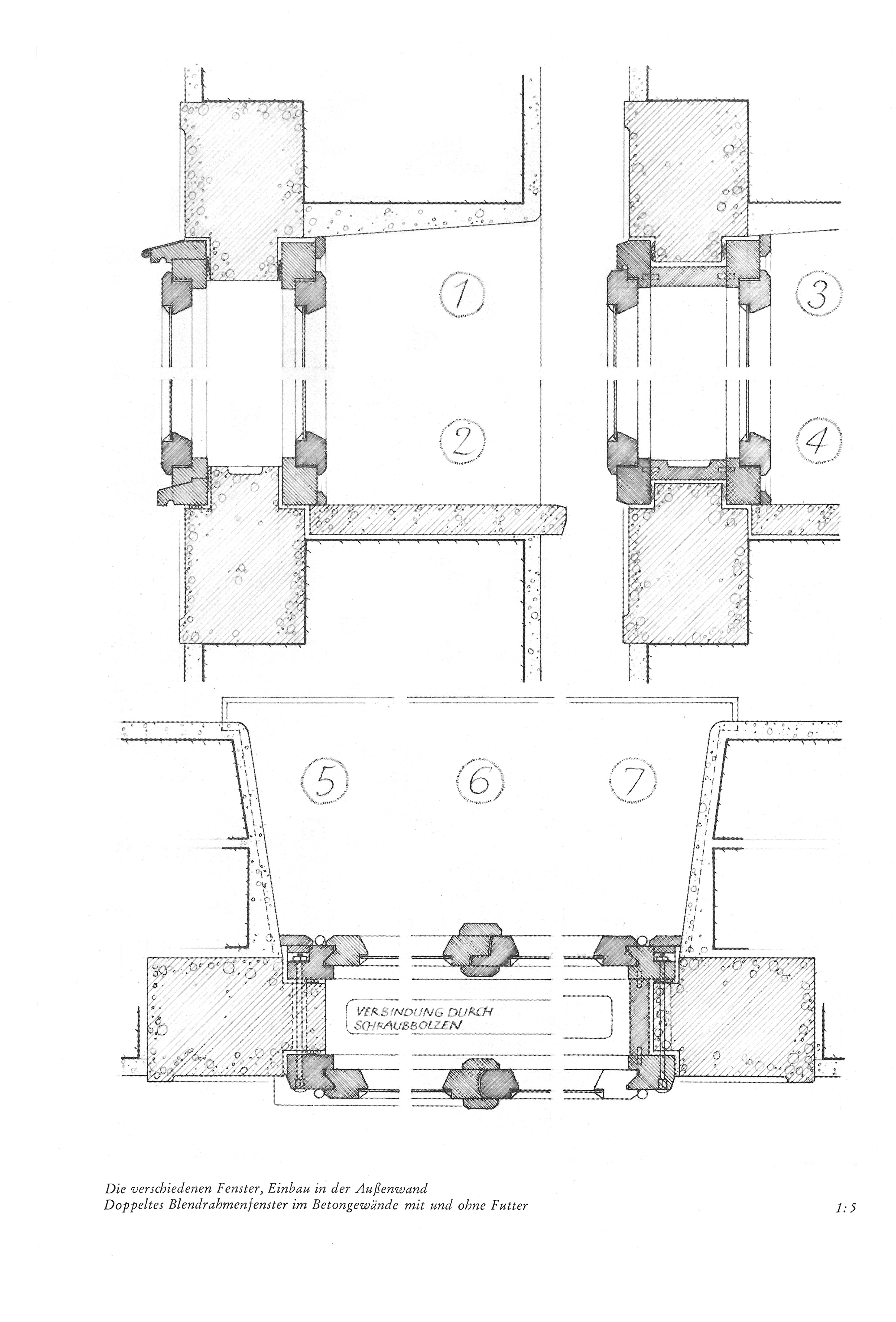 Die verschiedenen Fenster, Einbau in der Außenwand Doppeltes Blendrahmenfenster im Betongewände mit und ohne Futter 1:5