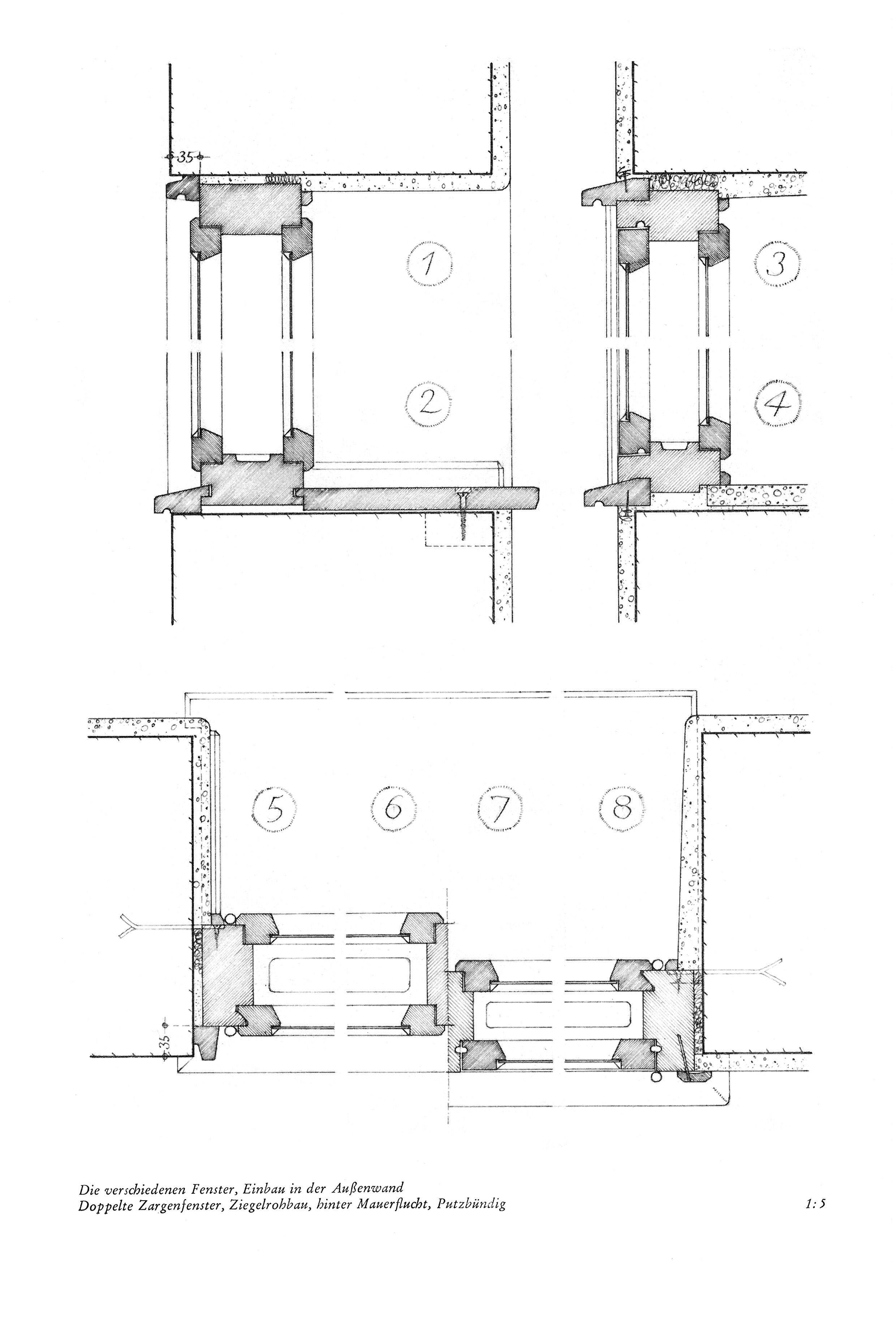 Die verschiedenen Fenster, Einbau in der Außenwand Doppeltes Zargenfenster, Ziegelrohbau, hinter Mauerflucht, Putzbündig 1:5
