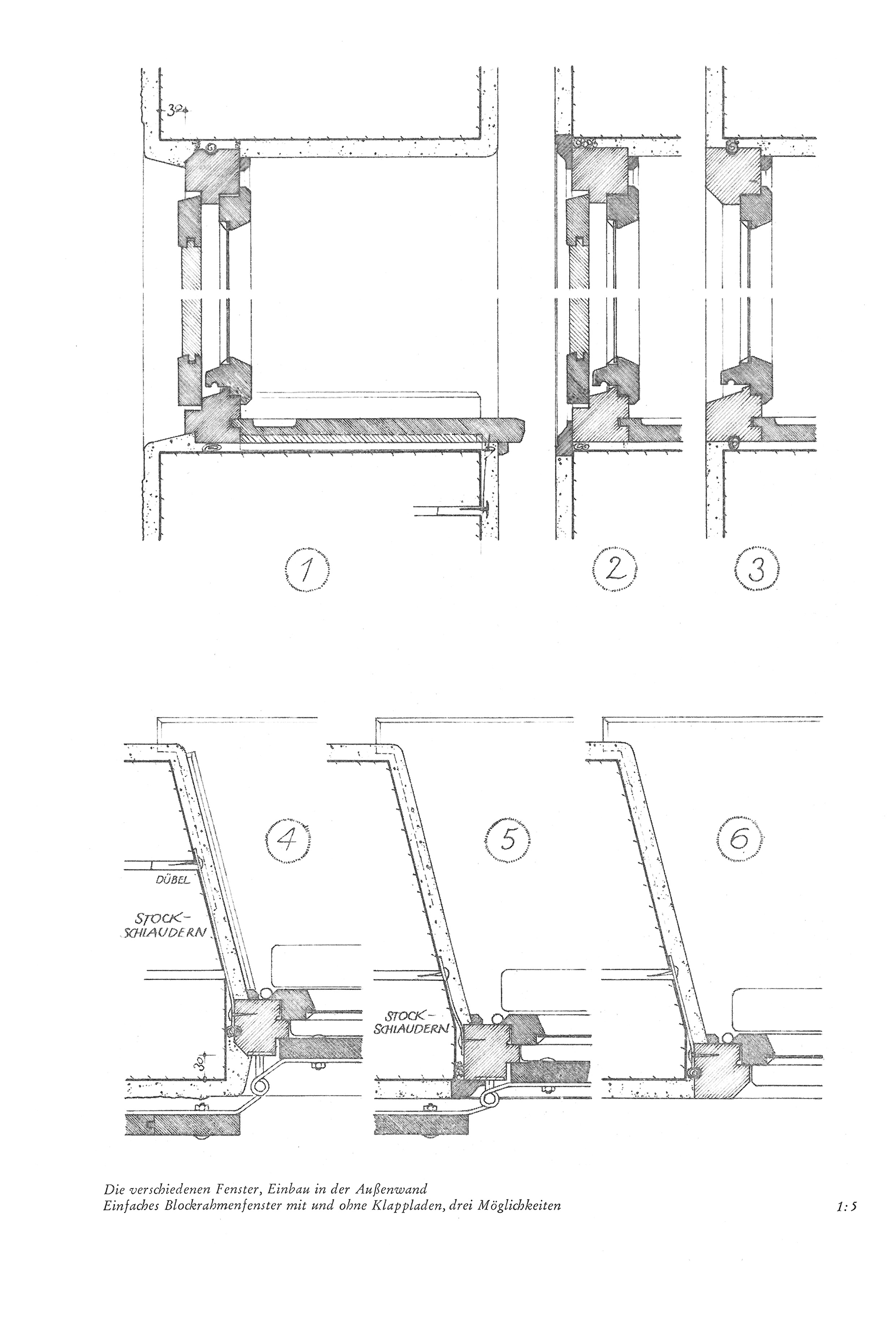 Die verschiedenen Fenster, Einbau in der Außenwand / Einfaches Blockrahmenfenster mit und ohne Klappladen, drei Möglichkeiten 1:5