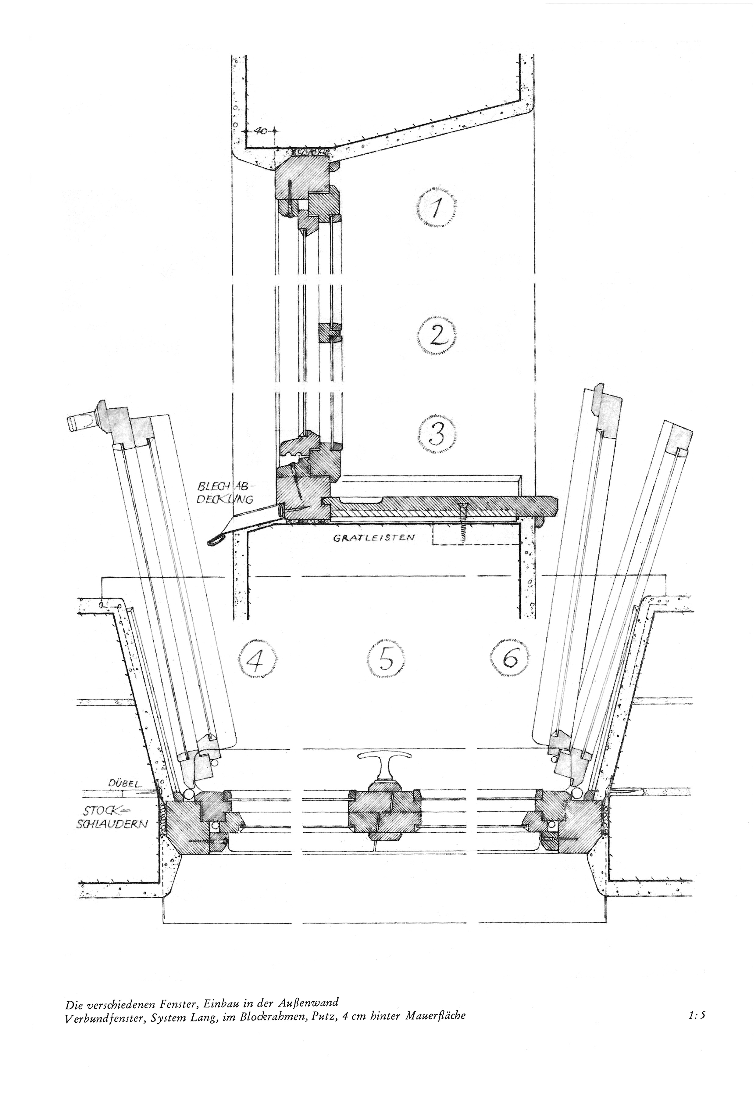 Die verschiedenen Fenster, Einbau in der Außenwand Verbundfenster, System Lang, im Blockrahmen, Putz, 4 cm hinter Mauerfläche 1:5