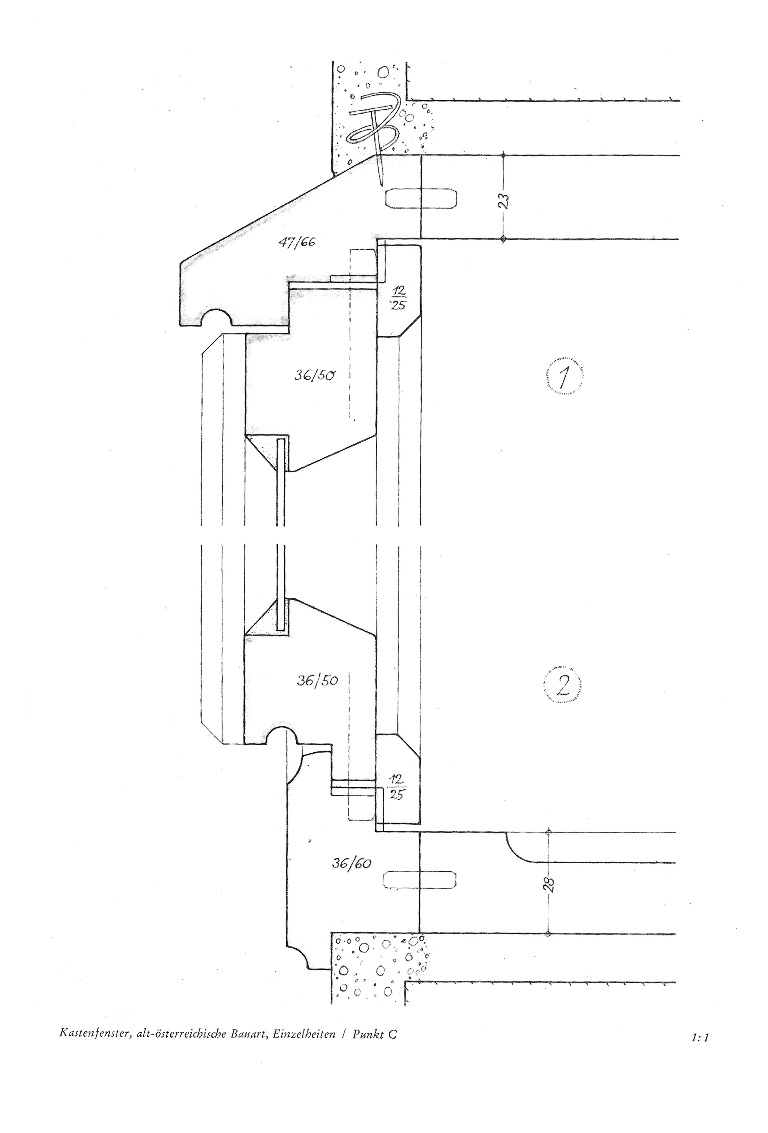 Kastenfenster, alt-österreichische Bauart, Einzelheiten / Punkt C 1:5