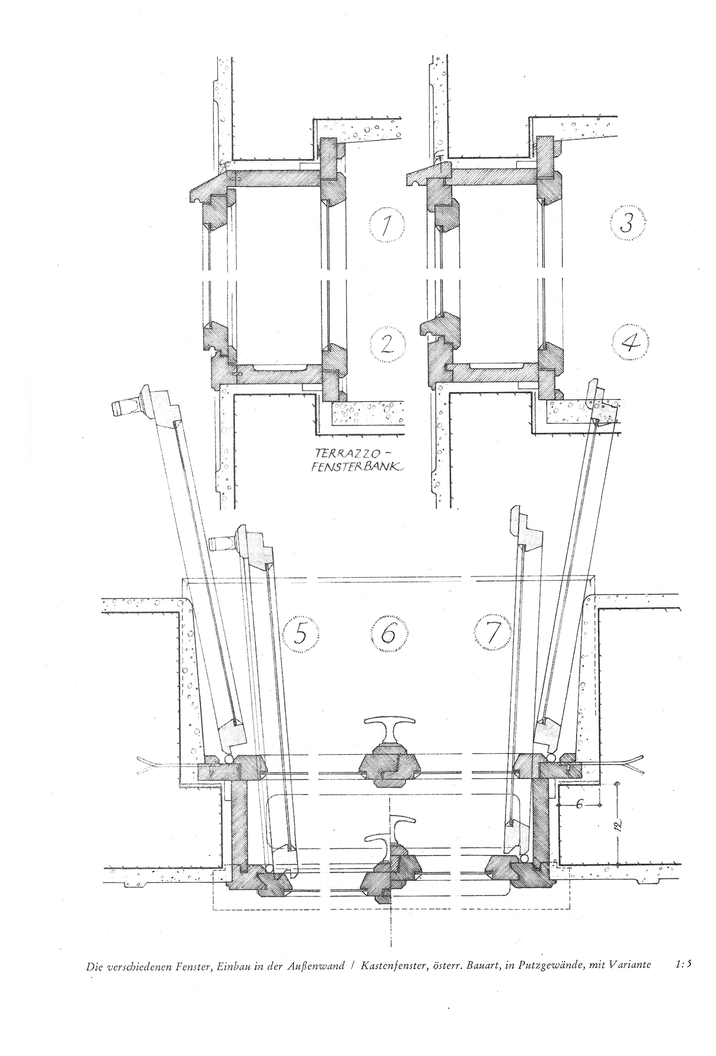 Die verschiedenen Fenster, Einbau in der Außenwand / Kastenfenster, österr. Bauart, in Putzgewände, mit Variante 1:5