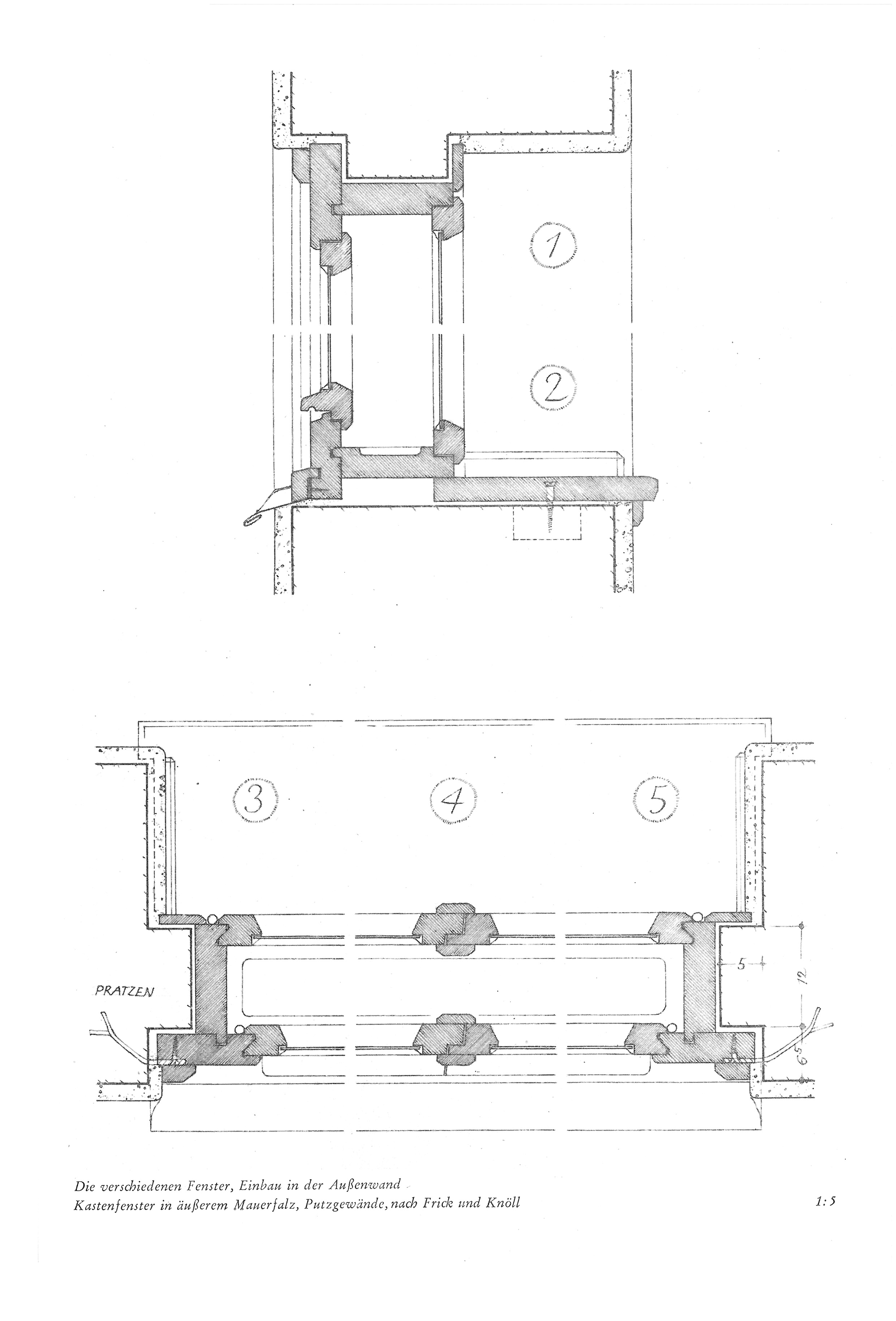 Die verschiedenen Fenster, Einbau in der Außenwand Kastenfenster in äußerem Mauerfalz, Putzgewände, nach Frick und Knöll 1:5