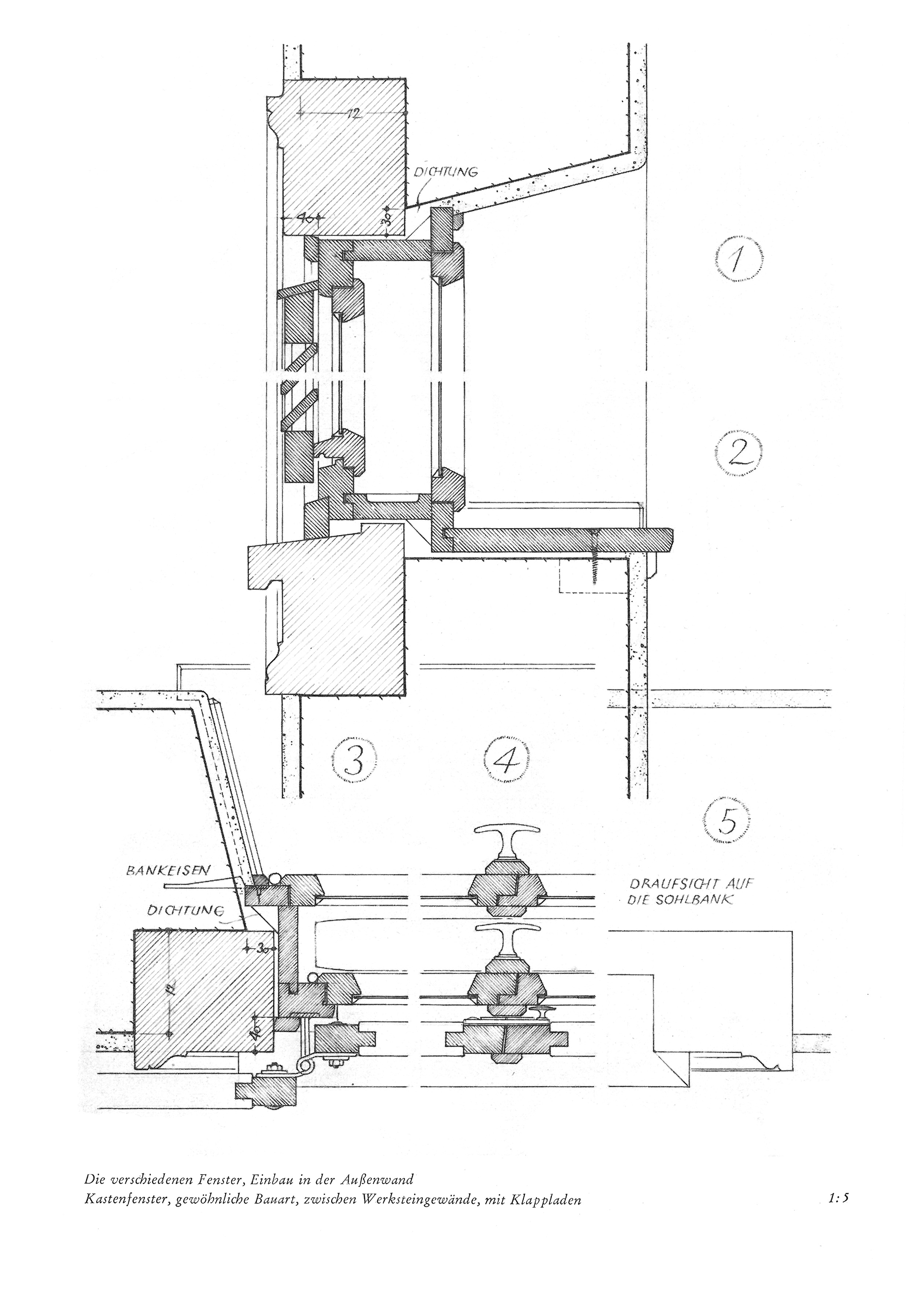 Die verschiedenen Fenster, Einbau in der Außenwand Kastenfenster, gewöhnliche Bauart, zwischen Werksteingewände, mit Klappladen 1:5