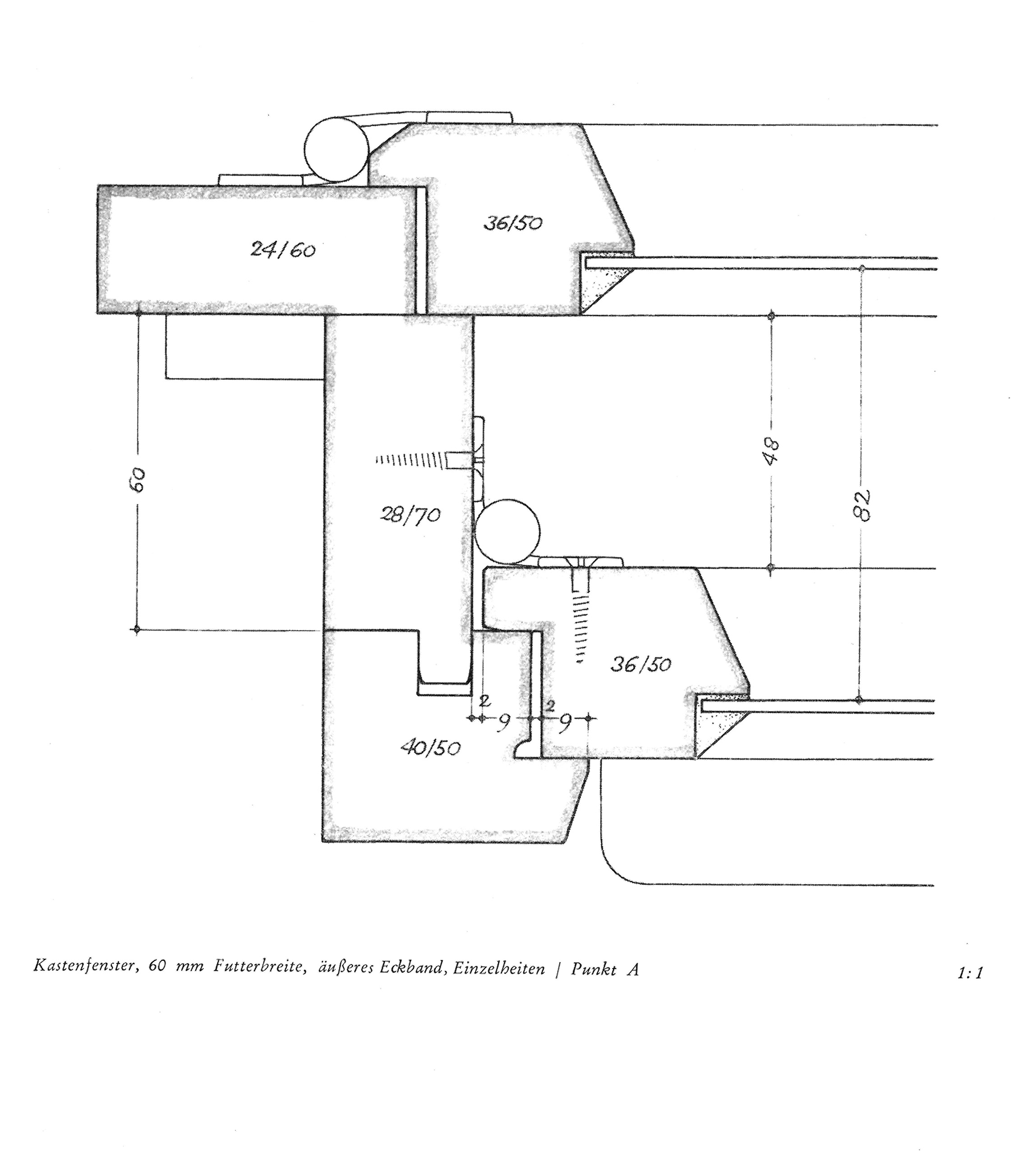 Kastenfenster, 60 mm Futterbreite, äußeres Eckband, Einzelheiten / Punkt A 1:1