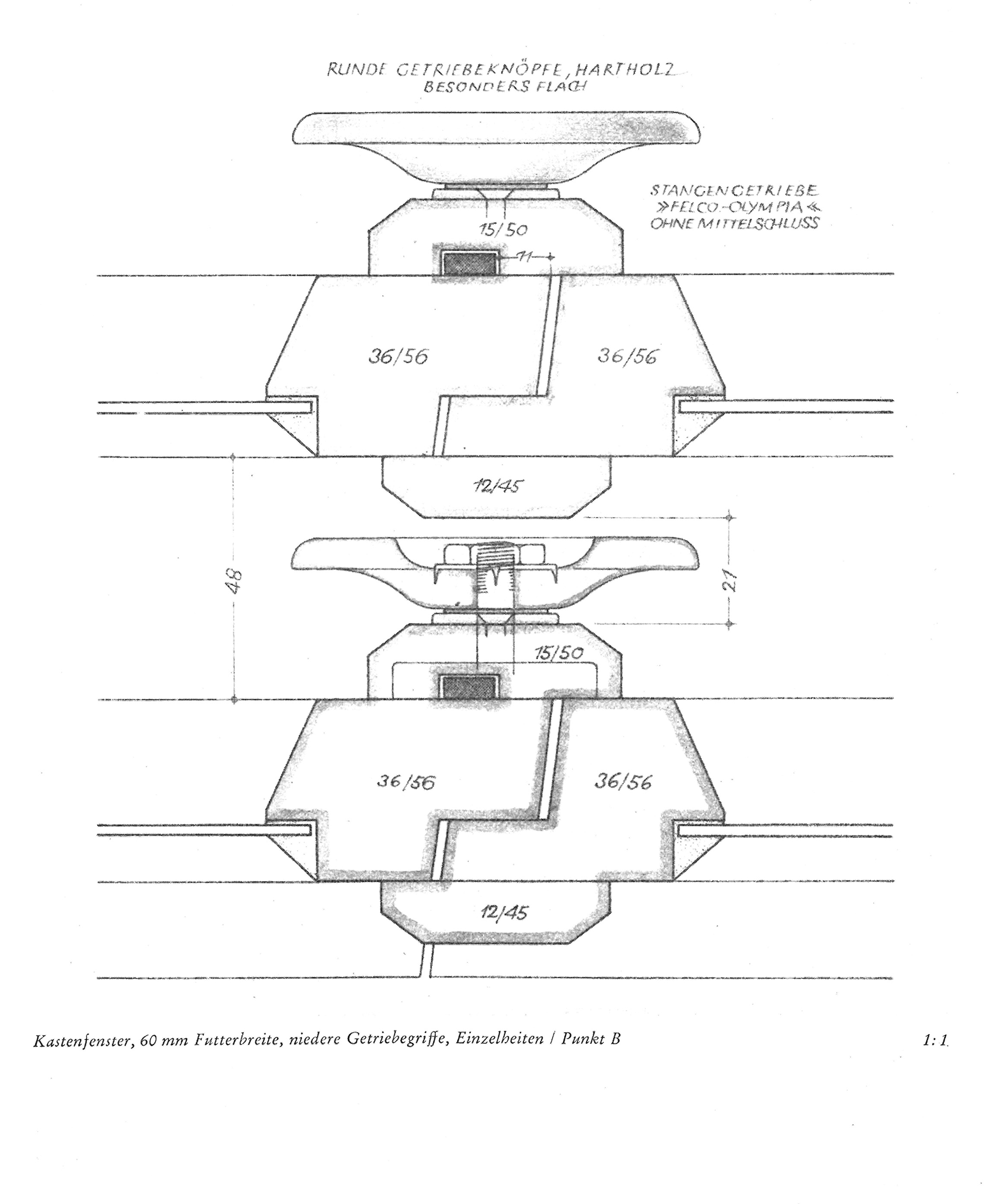 Kastenfenster, 60 mm Futterbreite, niedere Getriebegriffe, Einzelheiten / Punkt B 1:1