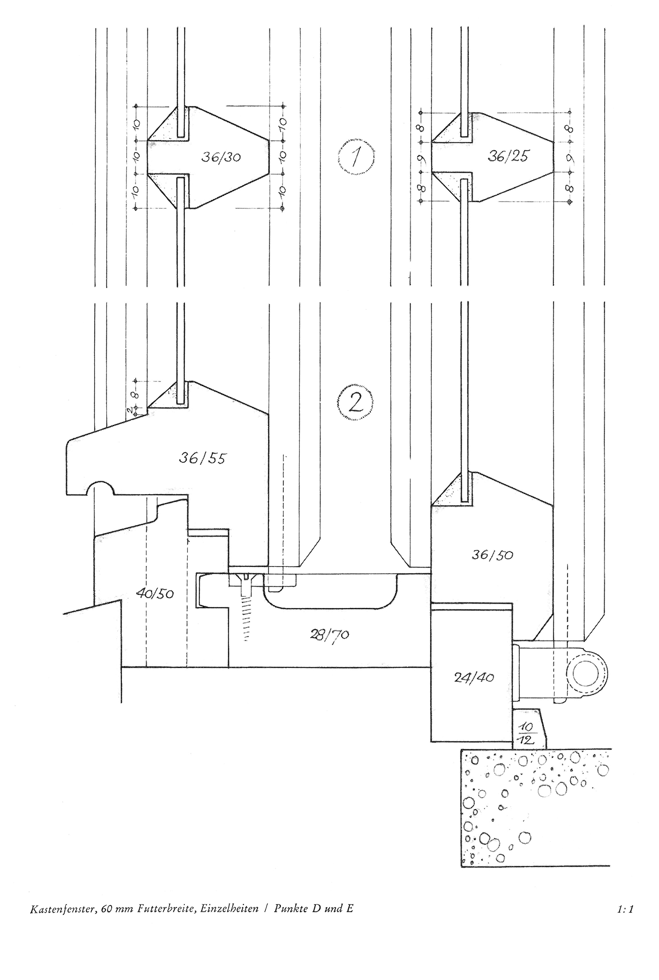 Kastenfenster, 60 mm Futterbreite, Einzelheiten / Punkt D und E 1:1