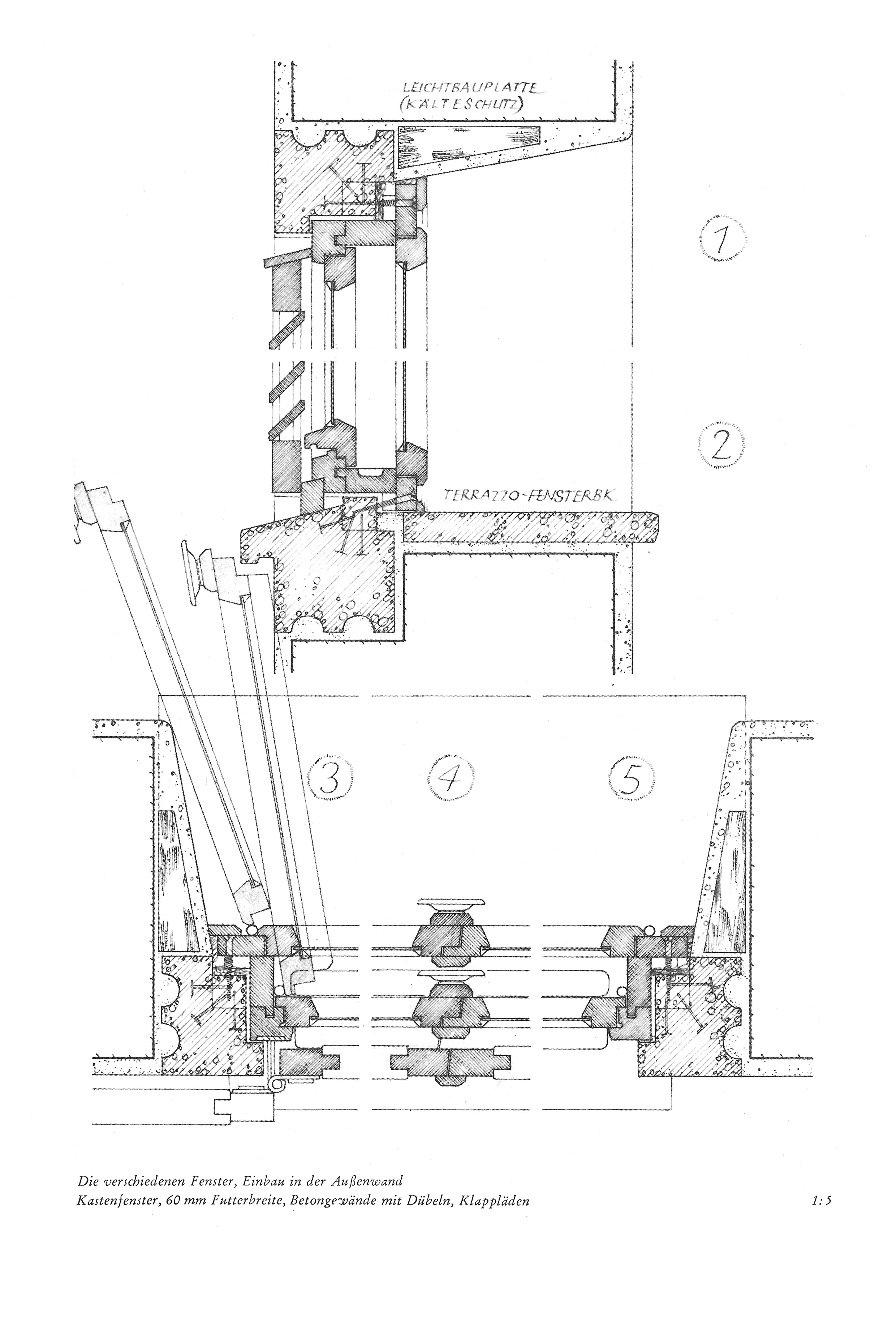 Die verschiedenen Fenster, Einbau in der Außenwand Kastenfenster, 60 mm Futterbreite, Betongewände mit Dübeln, Klappläden 1:5
