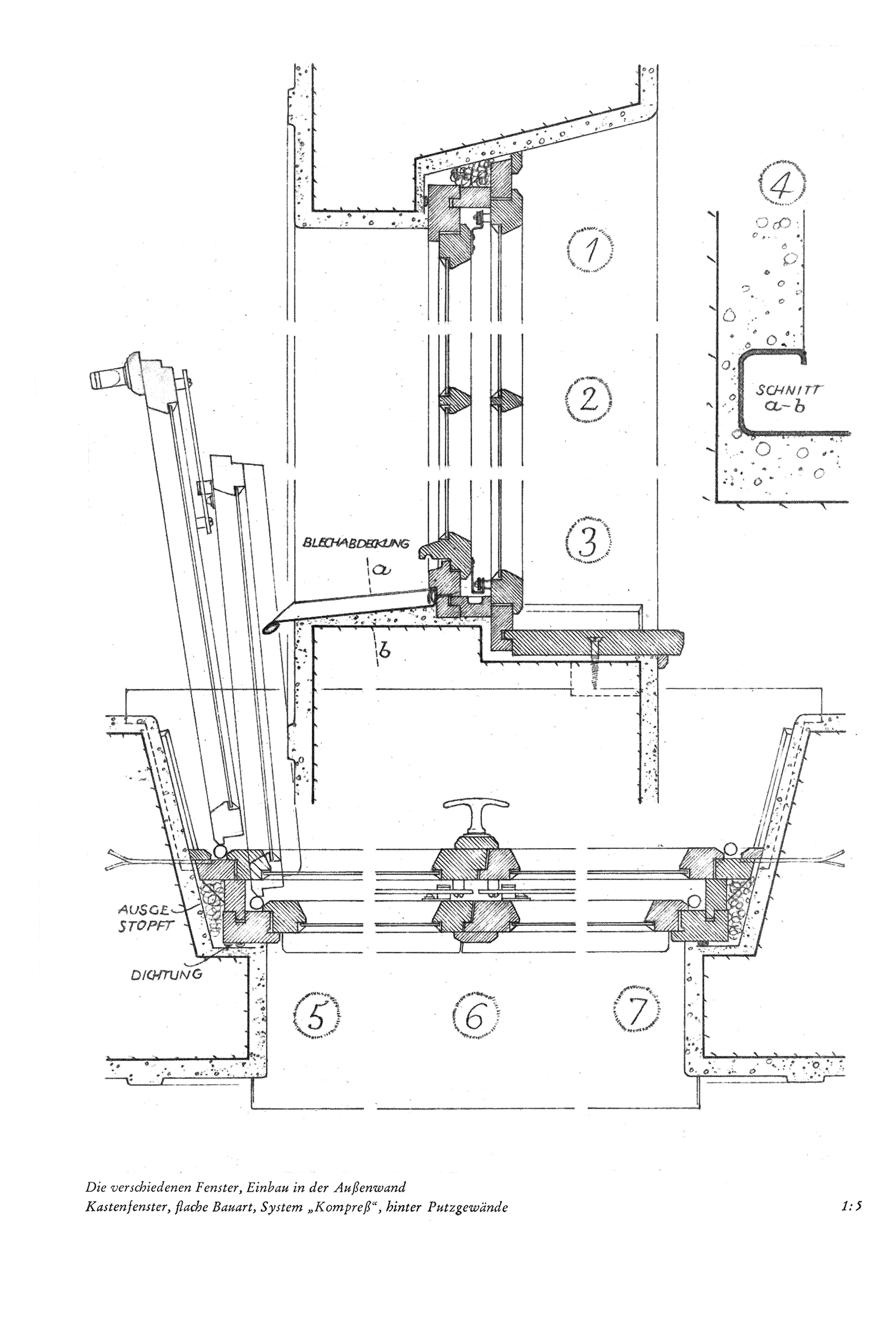 Die verschiedenen Fenster, Einbau in der Außenwand Kastenfenster, flache Bauart, System „Kompreß“, hinter Putzgewände 1:5