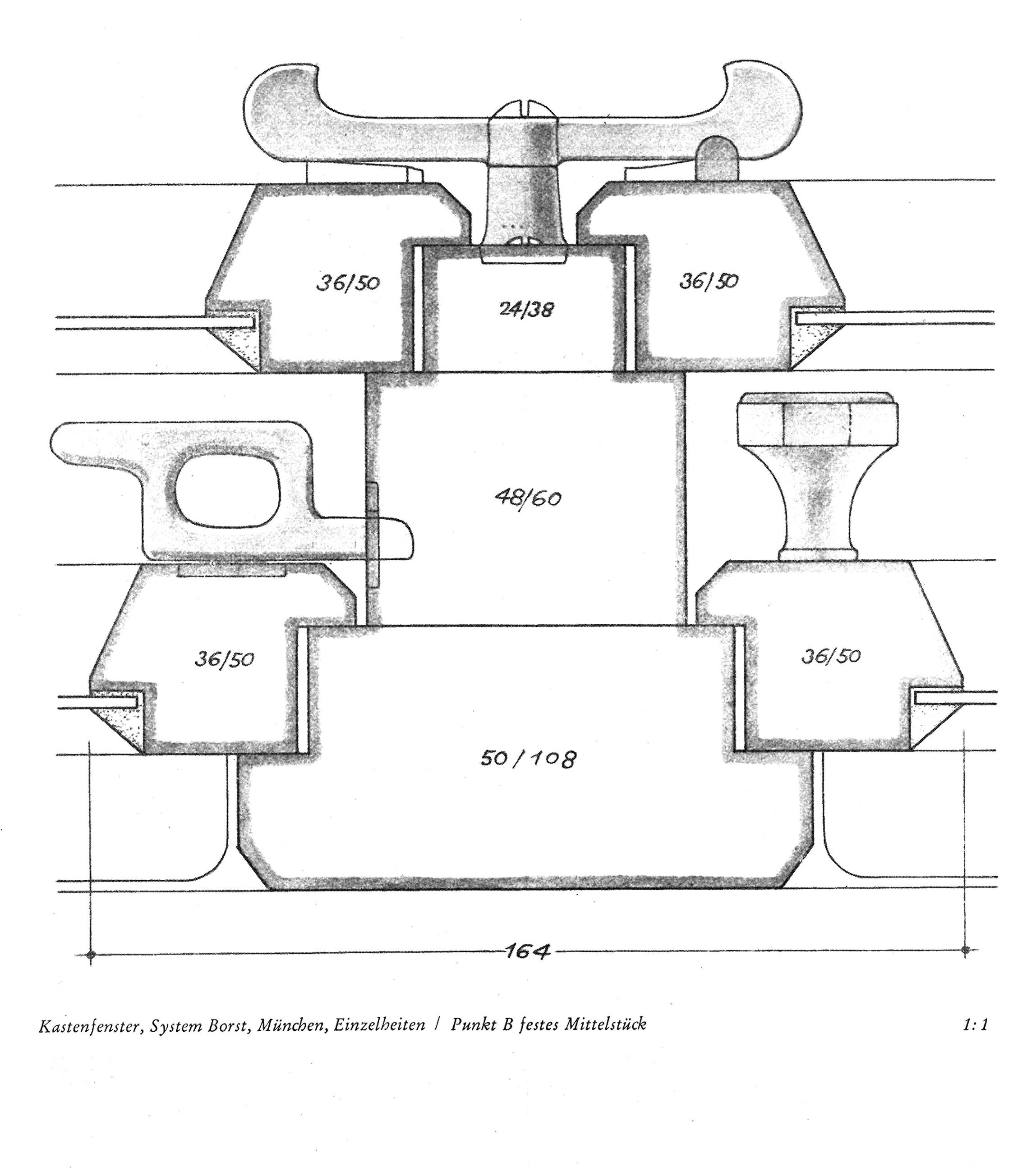 Kastenfenster, System Borst, München, Einzelheiten / Punkt B festes Mittelstück 1:1
