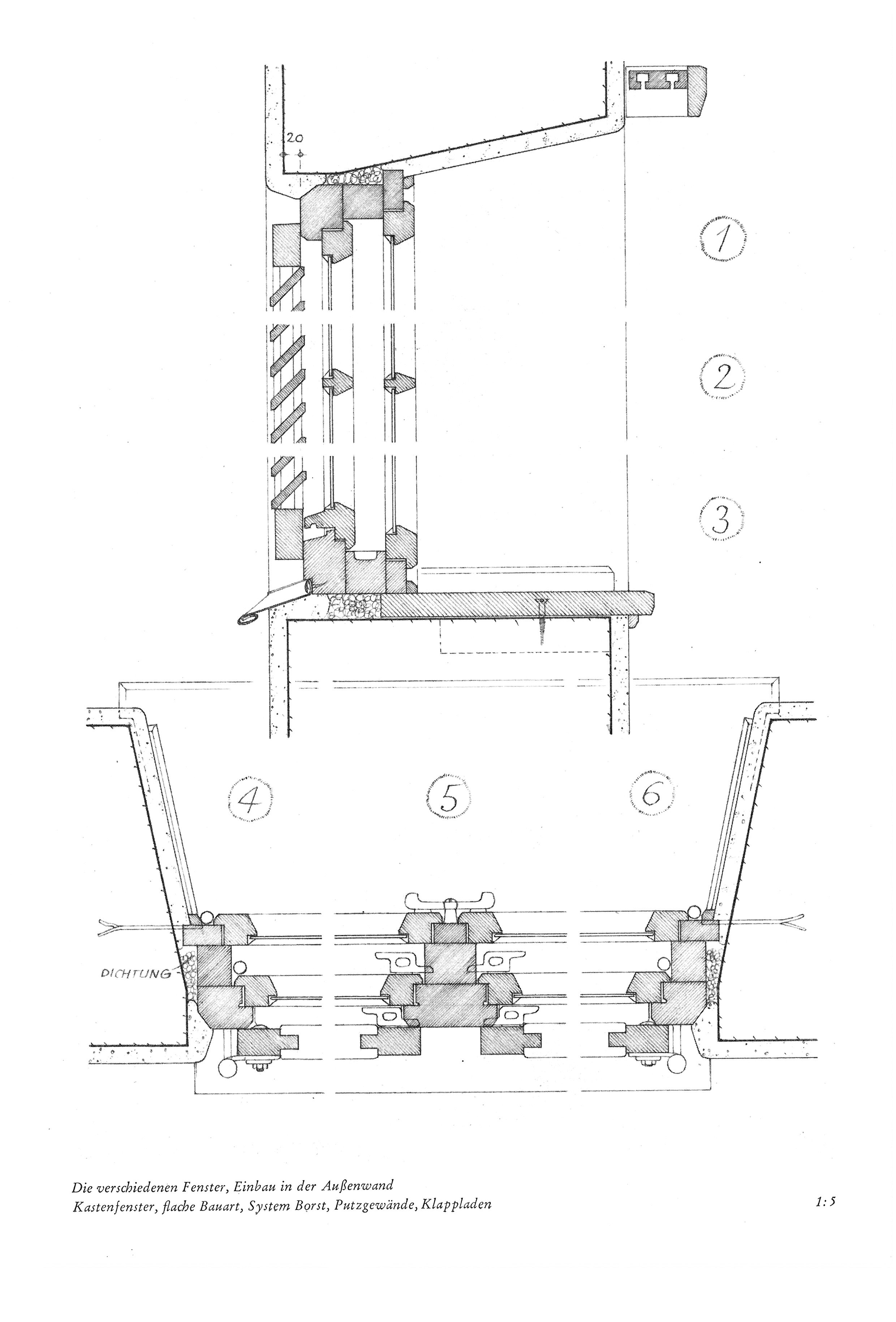 Die verschiedenen Fenster, Einbau in der Außenwand Kastenfenster, flache Bauart, System Borst, Putzgewände, Klappladen 1:5