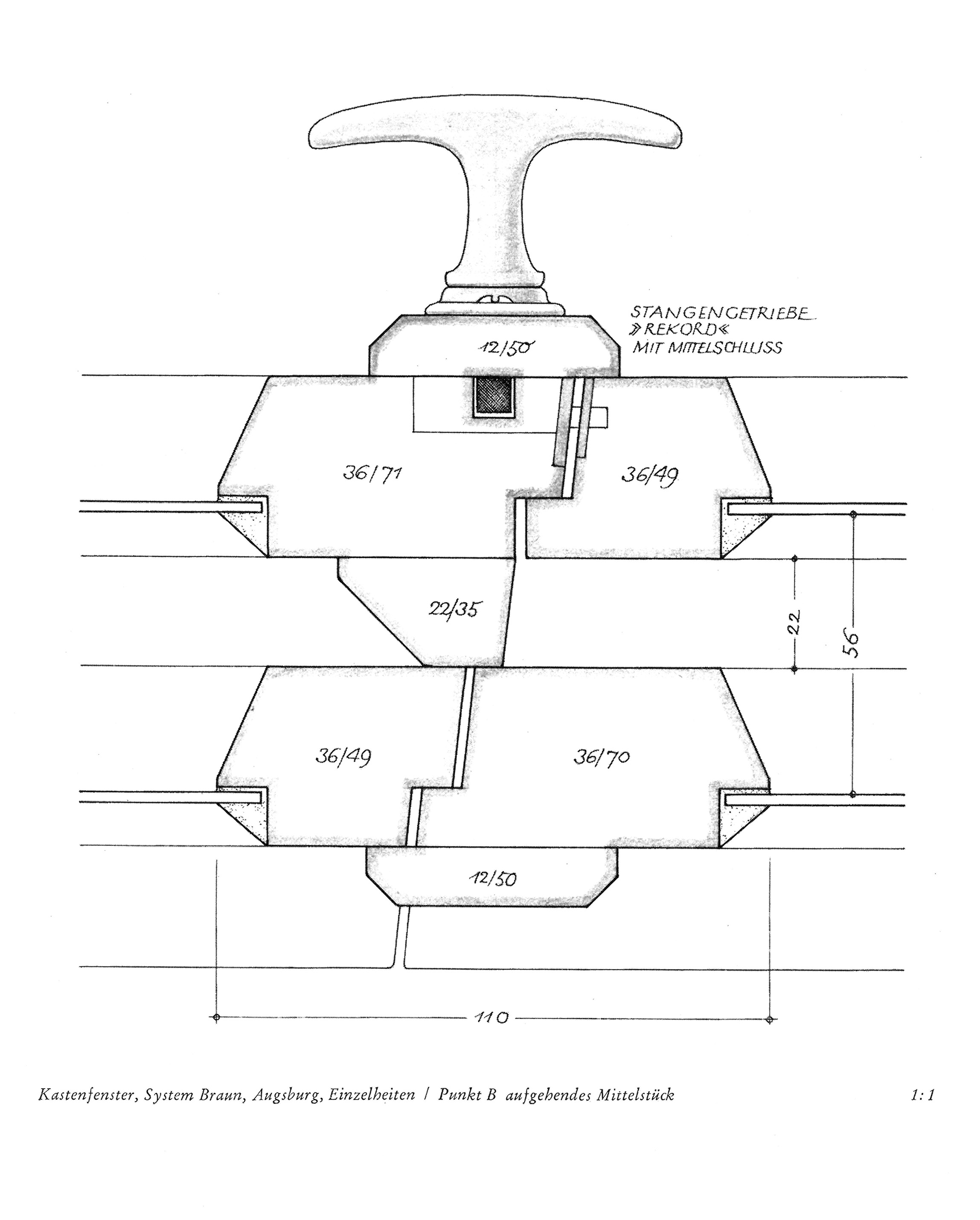 Kastenfenster, System Braun, Augsburg, Einzelheiten / Punkt B aufstehendes Mittelstück 1:1